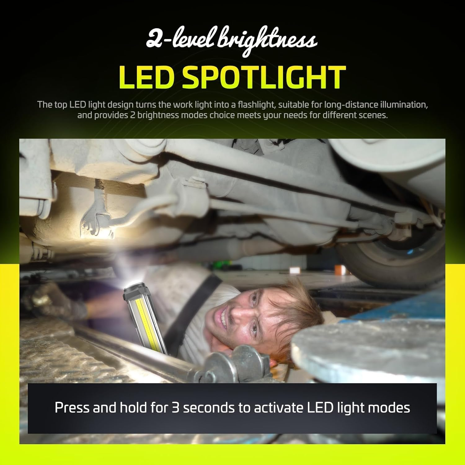 ​​WARSUN Rechargeable 1500LM COB LED Work Light - Magnetic Hands-Free Trouble Light with Hook, IPX4 Waterproof for Garage Repair, Emergency | Tool Gifts for Men (Yellow)​ image number 2