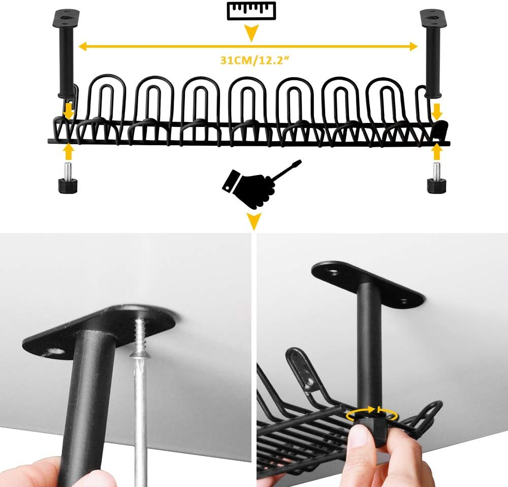 Under Desk Cable Management Tray 2 Packs, 36.5Cm Cord Organizer for Wire Organization, Heavy Metal Holder for Computer Home Office Kitchen Workstation to Cover and Hide Power Strips (Black)