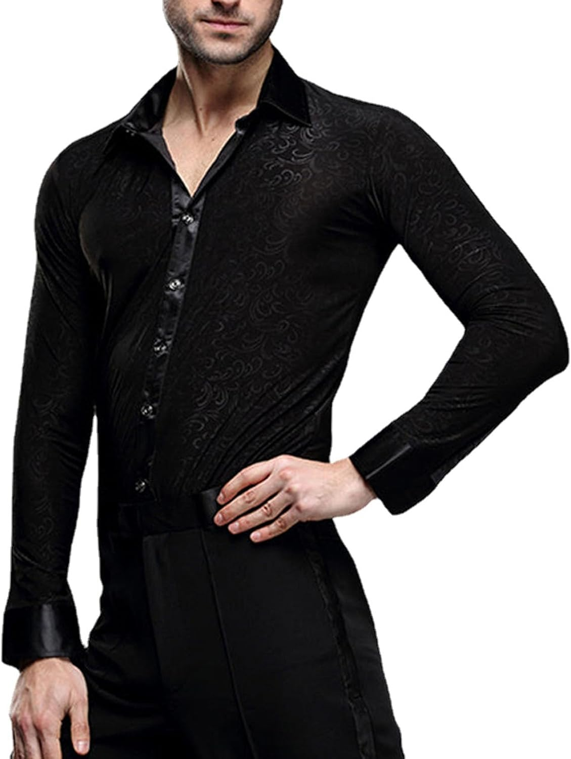 Men Professional Black Noble Dark Stripe Long Sleeves Latin Salsa Samba Chacha Modern Dance Shirts image number 2