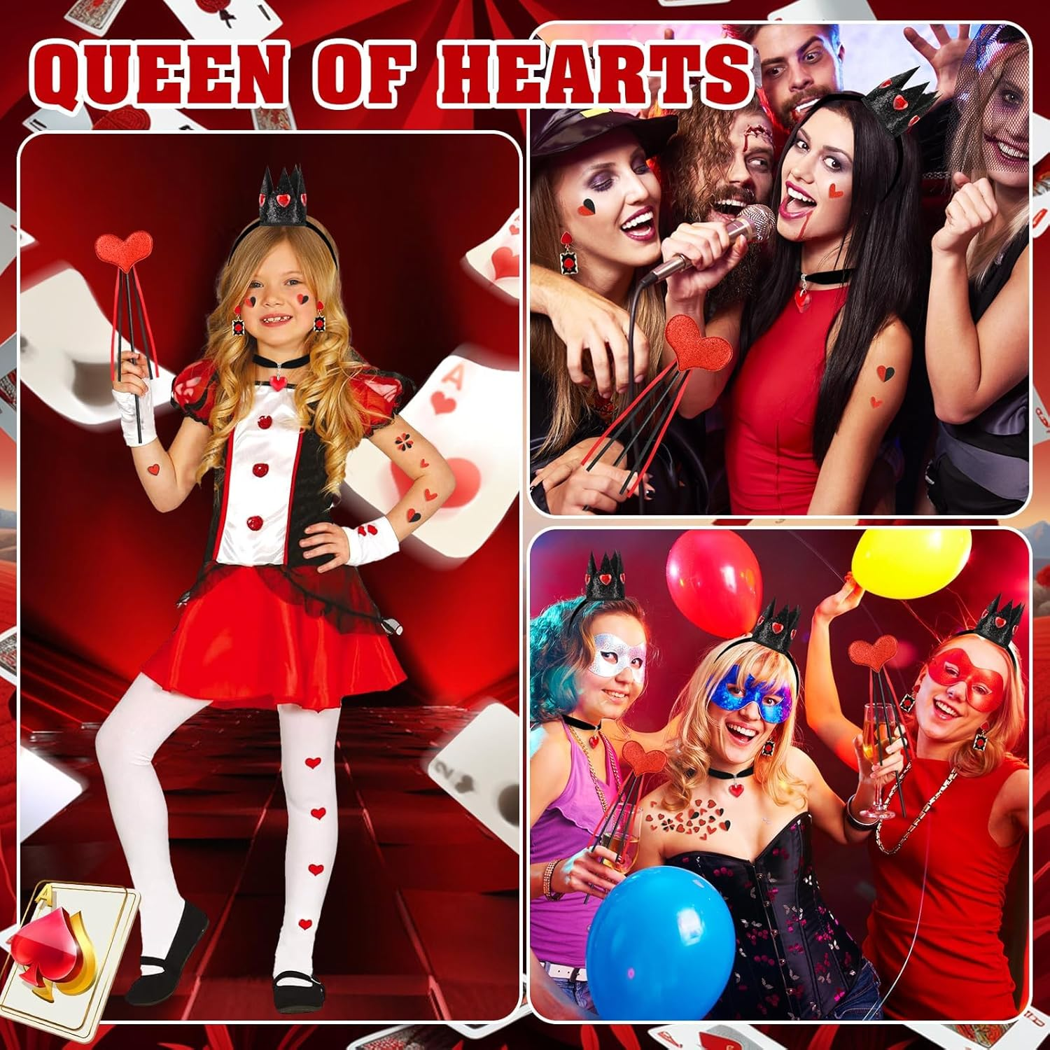 Queen of Hearts Accessories Set, Crown Headband Earings Necklace Wand Face Stickers, Queen of Hearts Costume Accessories Women for Halloween Carnival World Book Day Cosplay Party - Black image number 2