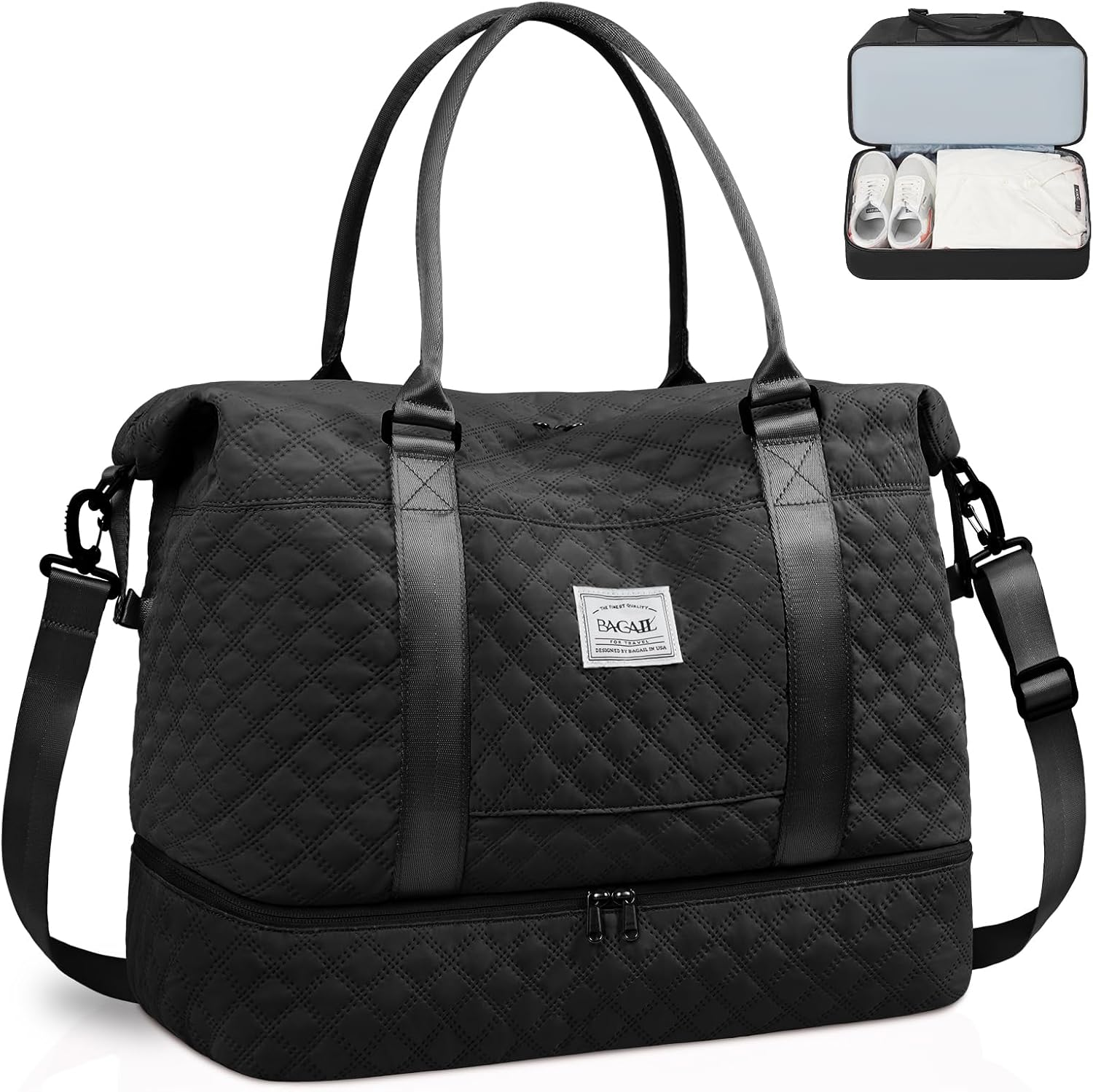 BAGAIL Travel Duffel Bag, Weekender Bags for Women, Overnight Gym Carry on Tote Bag with Wet Pocket, Hospital Mom Bag for Labor and Delivery - Extra Large, Grid-Black image number 4