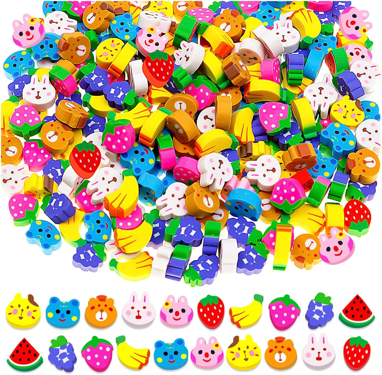 YGAOHF Mini Animal Fruit Erasers, 120 Pack, Multicolor, Rubber, Mini Eraser, Animal, Fruit Shapes, School Classroom Supplies & Prizes