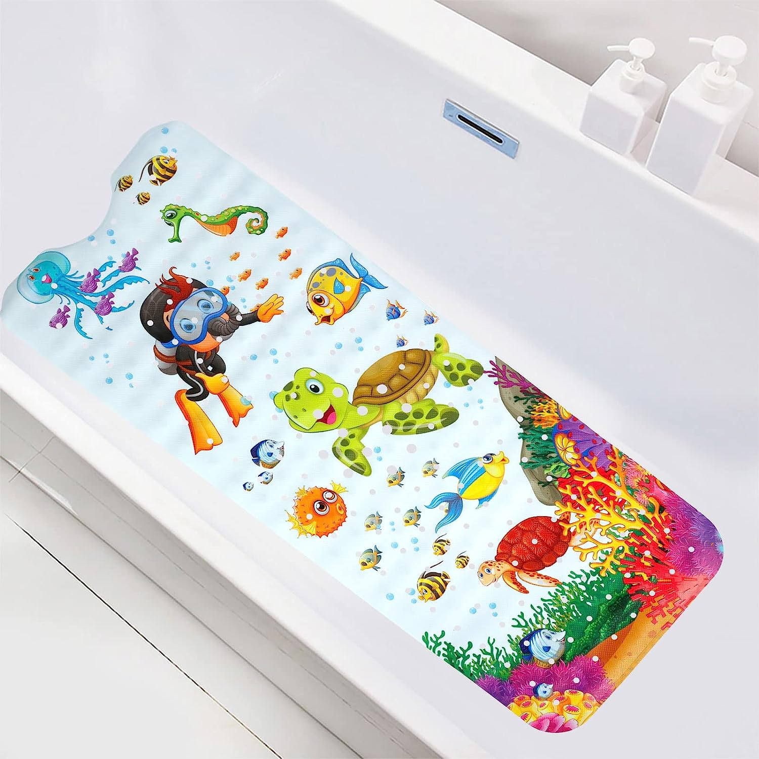 Baby Bath Mat for Bathroom 40X16 Inch Long Shower Mats Non-Slip Bathtub Mat with Suction Cup Reusable Baby Bathtub Mat Machine Washable (Turtle+ Blue Whale)