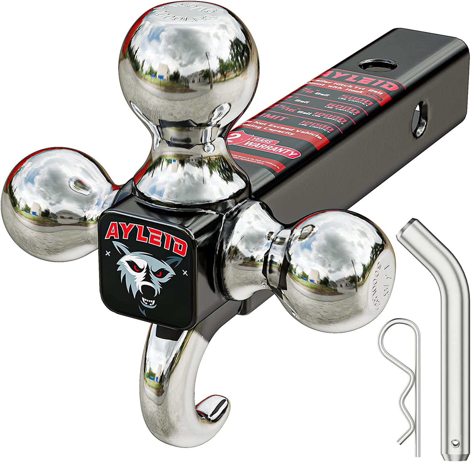 Ayleid Trailer Hitch Tri-Ball Mount with Hook&Pin&Rotatable Tow Shackle,Fits 2-In Receiver with 1-7/8-In,2-In,2-5/16-In Hitch Ball