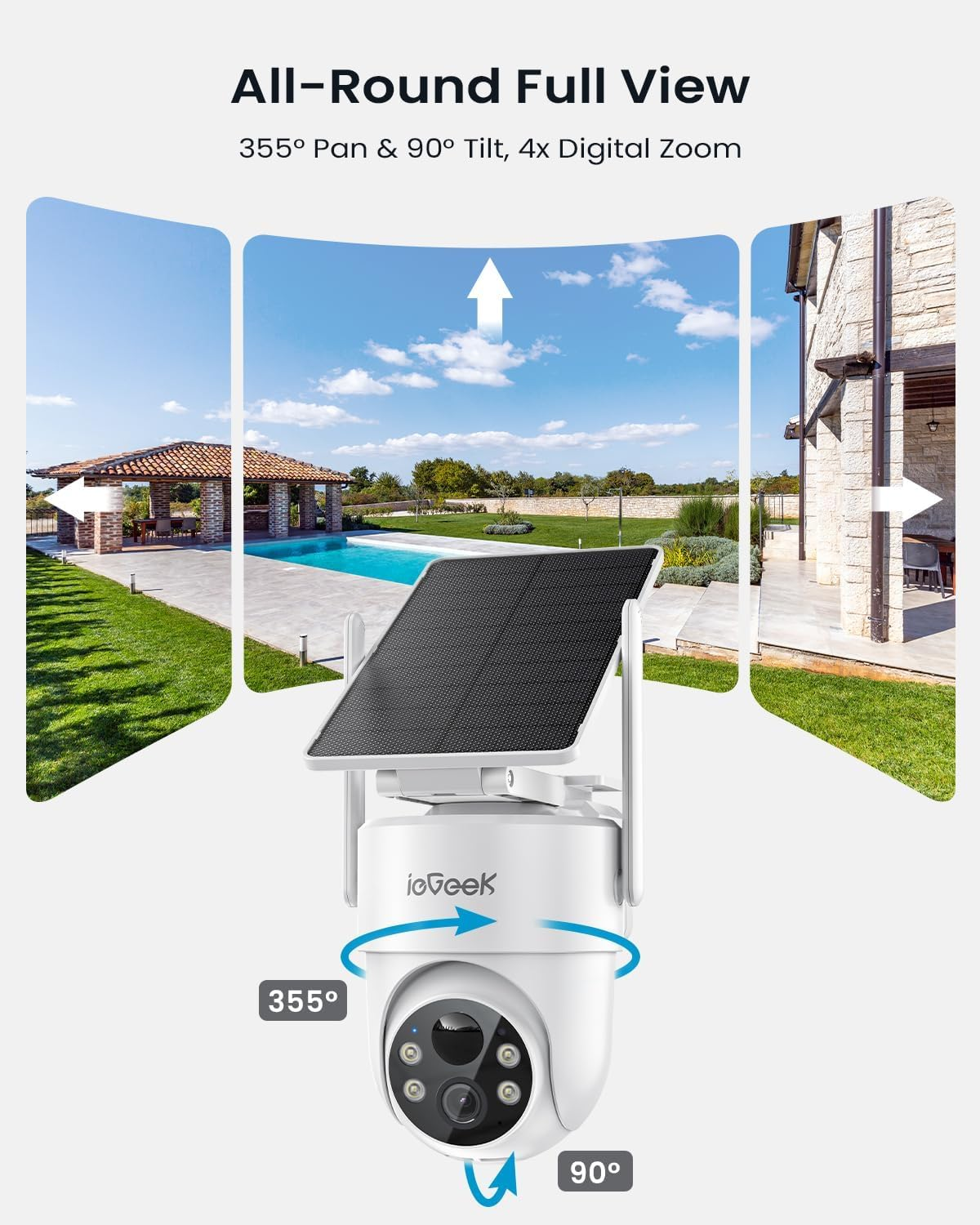 Iegeek 2K Security Cameras Wireless Outdoor, with Adjustable & Removable Solar Panel, 2.4G Wifi Camera Surveillance Exterieur 360&deg;PTZ, Smart Motion Sensor, Light & Siren,Compatible with Alexa image number 2