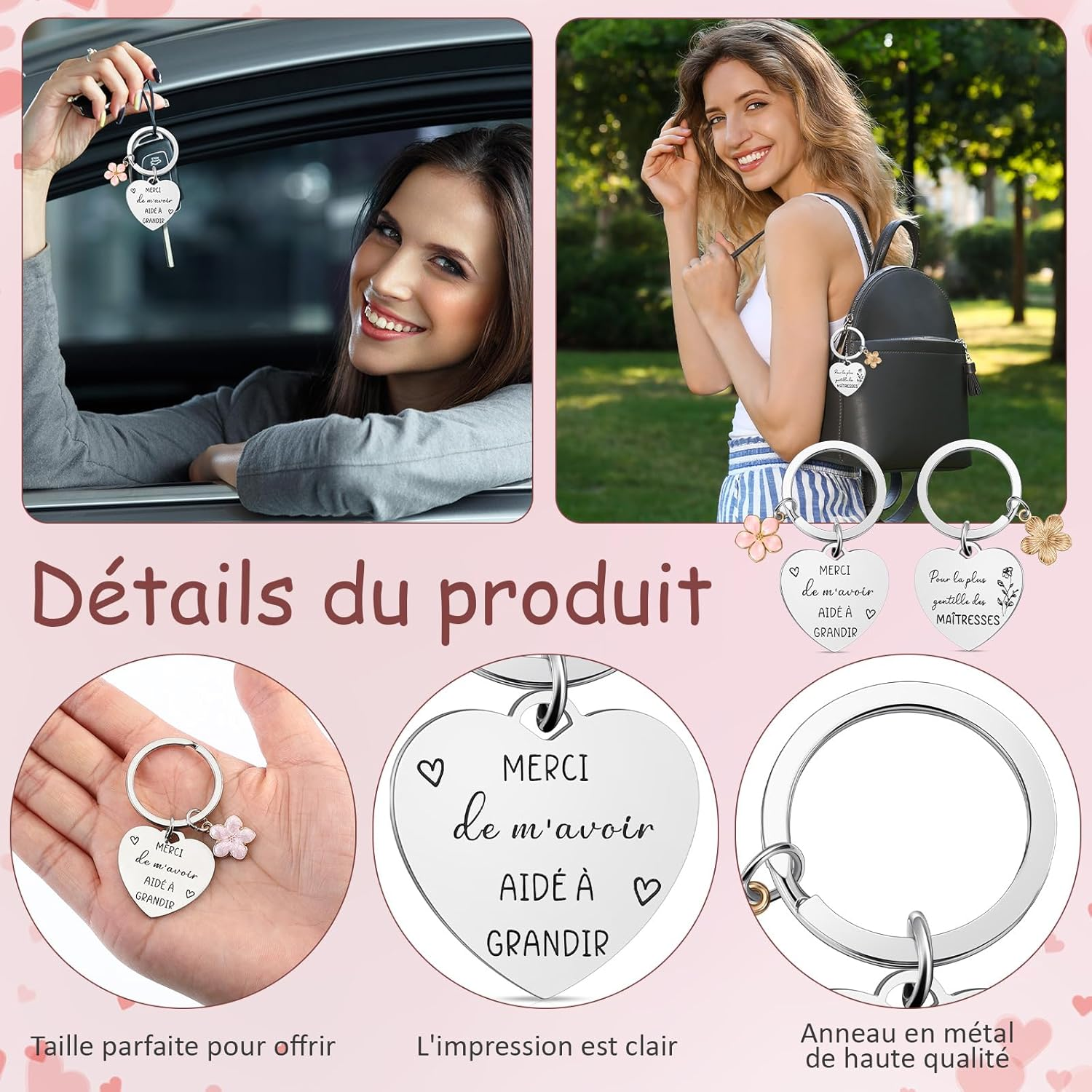 Xuniea Set of 3 Thank You Gift Set for Teachers Includes 1 Cosmetic Bag for Teachers, 1 Makeup Mirror with Magnifying Glass and 1 Double-Sided Keyring with Engraving image number 3