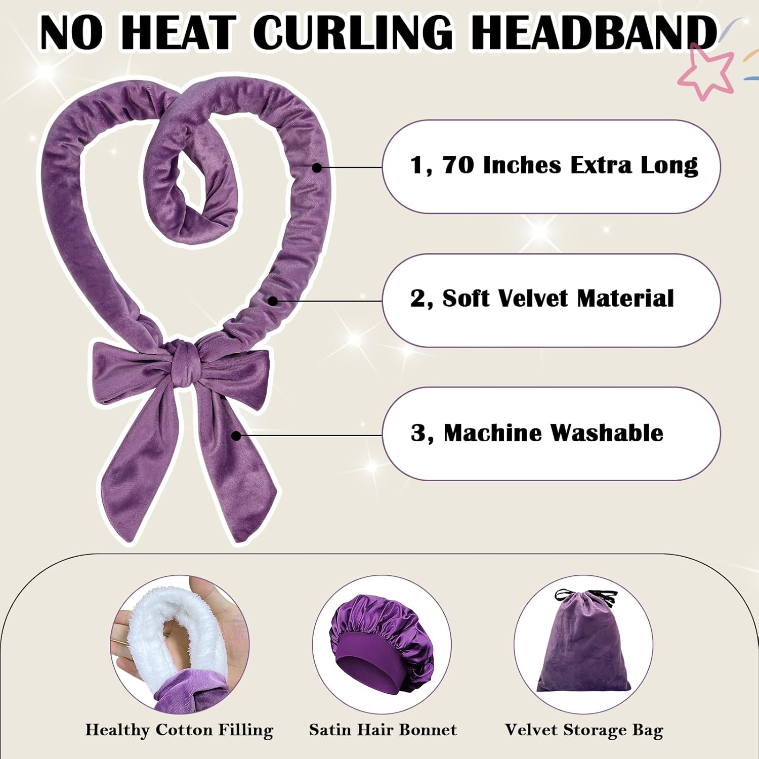 ZILAMPU Heatless Hair Curler, Heatless Hair Curlers to Sleep in Overnight Curls Headband, 70" Long Soft No Heat Curling Headband for Women Girl Long Wave Hair Rollers, 9 PCS Heatless Curl Set -Purple image number 2