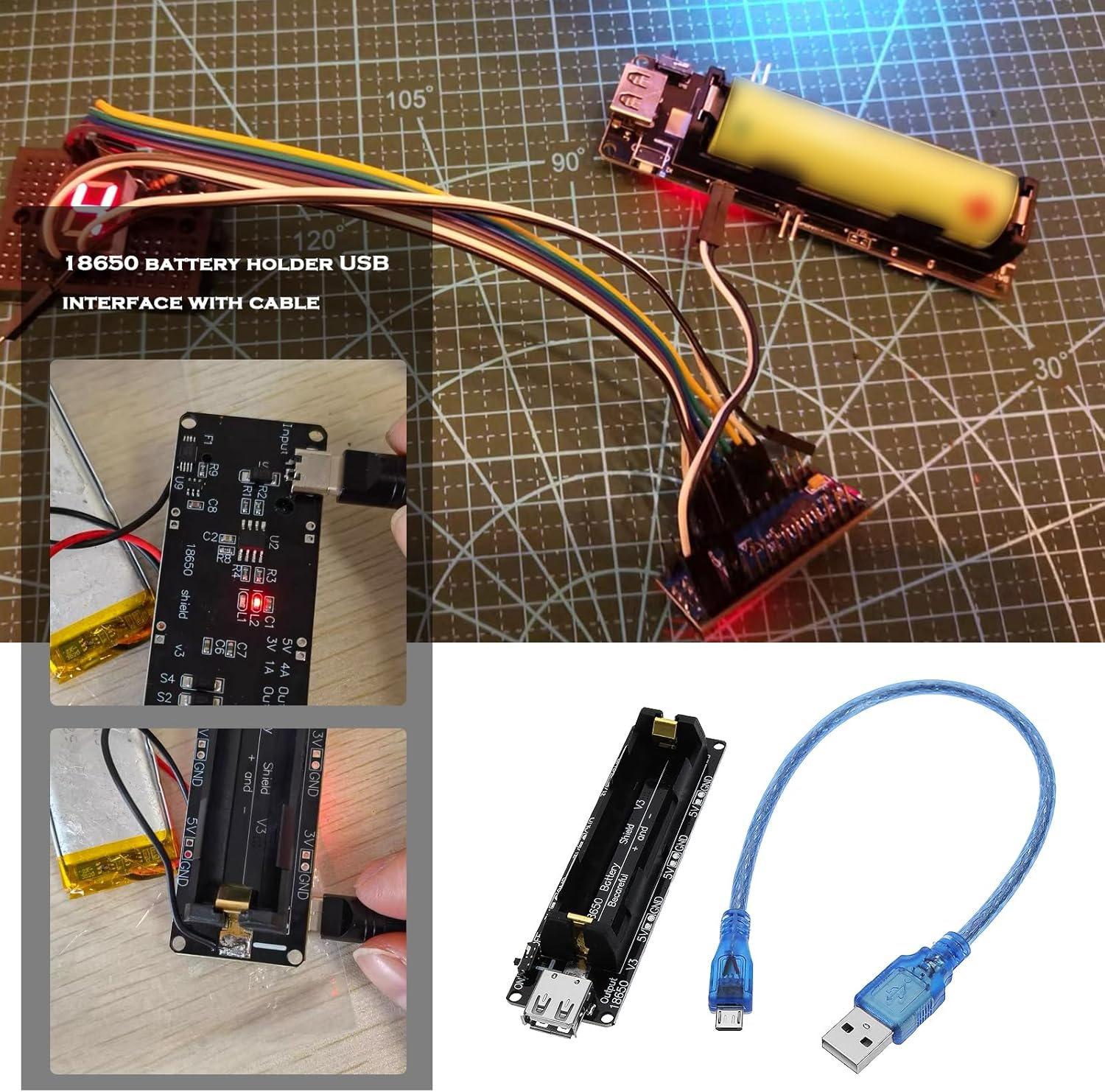 Be in Your Mind 2 Set of 18650 Lithium Li-Ion Battery Expansion Shield 5V-3V Micro USB Module 600Ma 3V/1A 5V/3A with Charging Cable Compatible with Raspberry Pi 3 Compatible with ESP32 ESP8266 image number 2
