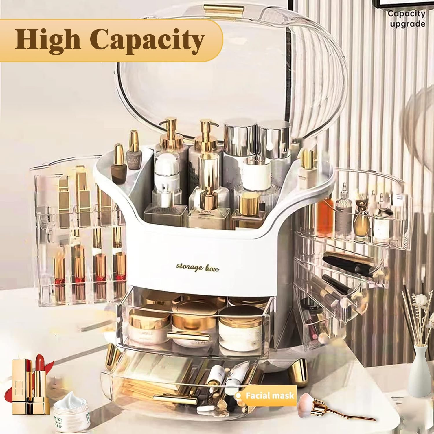 Makeup Organizer for Vanity, Portable Cosmetic Storage Box with Transparent Lid and Rotating Drawer, Dustproof and Waterproof Large Countertop Organizer Make up Holder for Bedroom, Bathroom image number 1