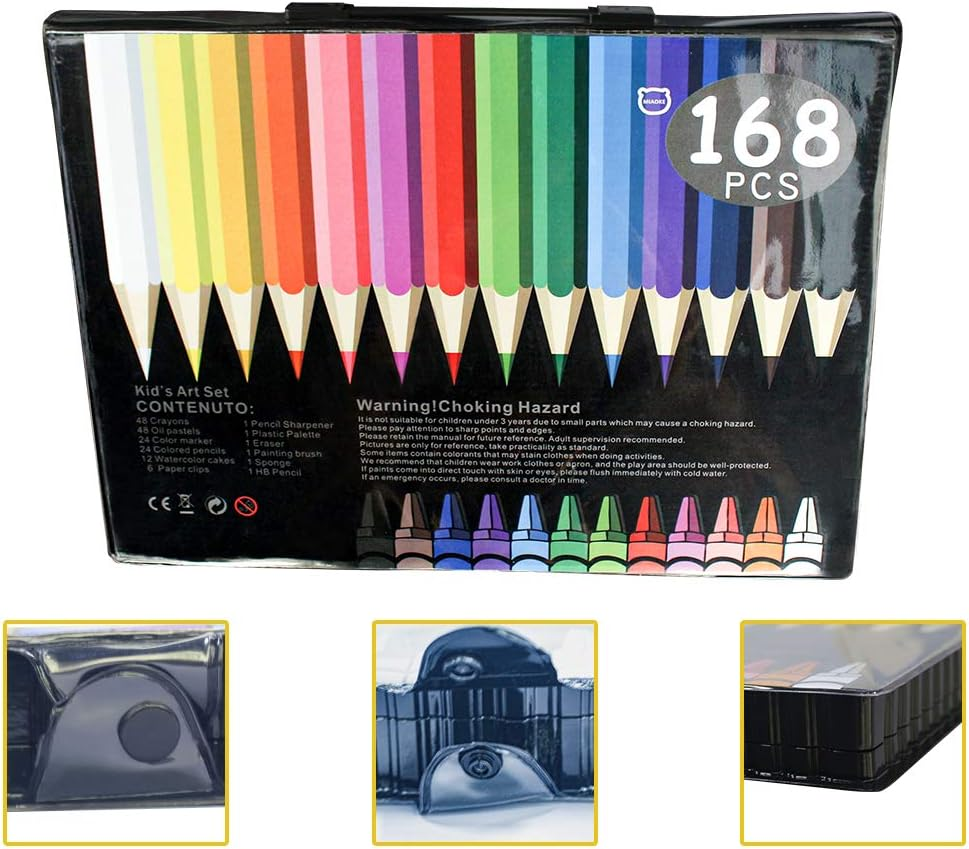 MIAOKE 168 Piece Art Set, Drawing Box for Children - Colored Pencils, Crayons, Oil Pastels, Watercolor Cake, Eraser, Pencil Sharpener, HB Pencil,18-Page Sketch Pad image number 2