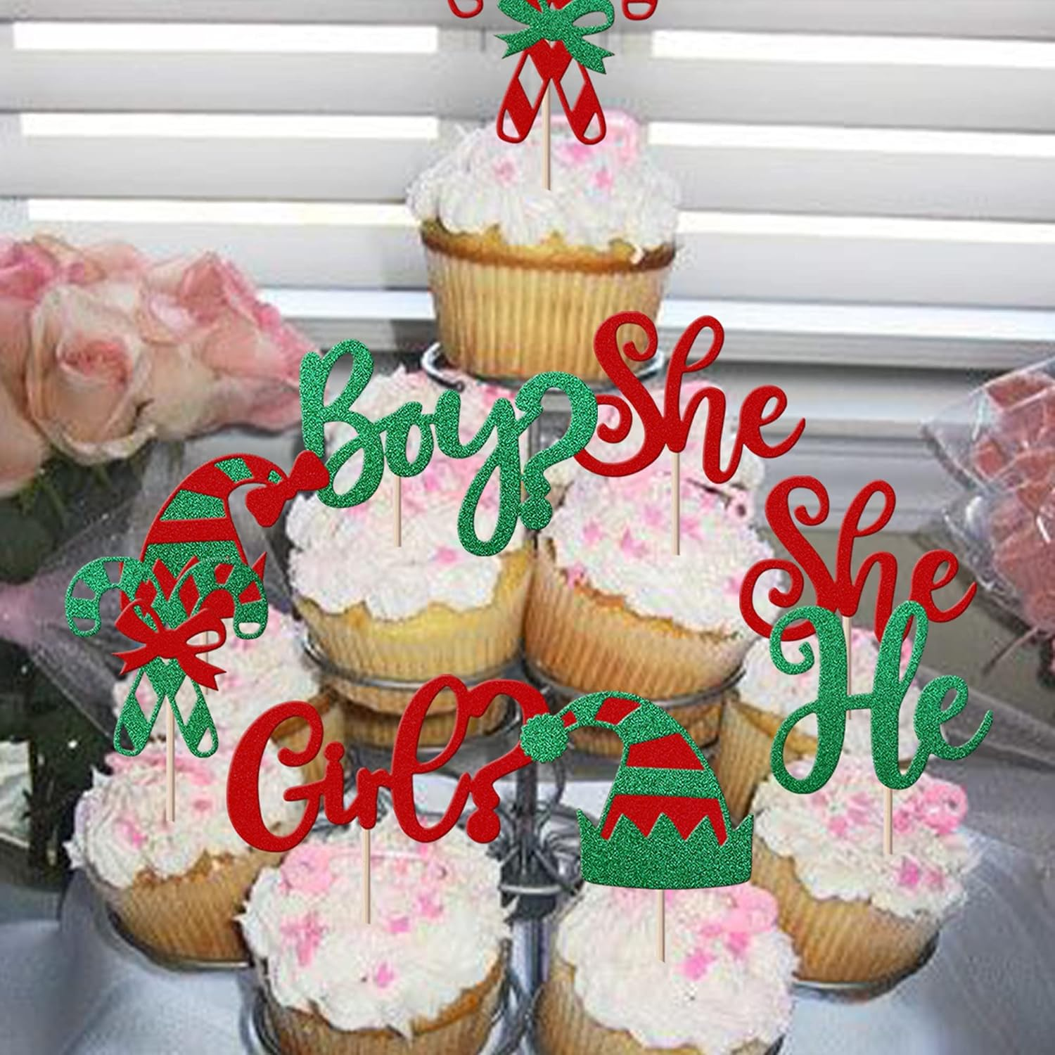 24 Pack Christmas Boy or Girl Cupcake Toppers Glitter He or She Christmas Elf Cupcake Picks for Gender Reveal Theme Baby Shower Birthday Christmas Party Cake Decorations Supplies image number 4