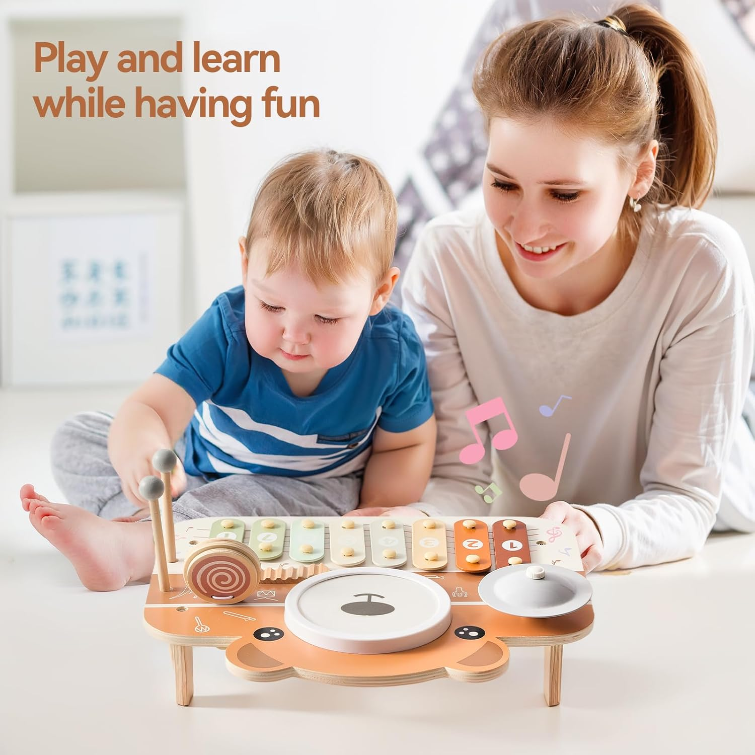 Wooden Musical Instruments for Toddlers 1-3, Percussion Instruments for Kids Baby Drum Set Xylophone, Montessori Educational Musical Toys, Gifts for Girls Boys image number 1