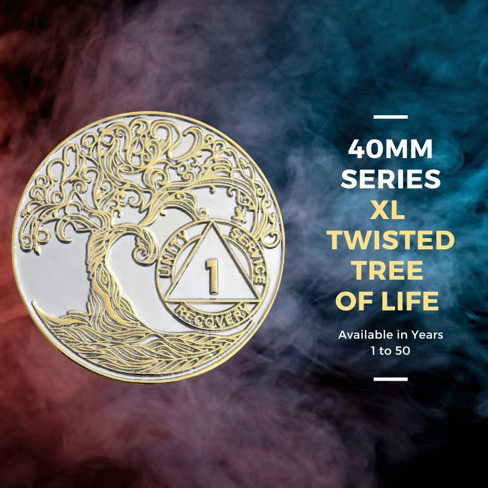 7 Year XL 40Mm Nickel & Gold Plated AA Coin - Sobriety Mint Twisted Tree of Life Recovery Medallion/Chip - Silver/Gold image number 3