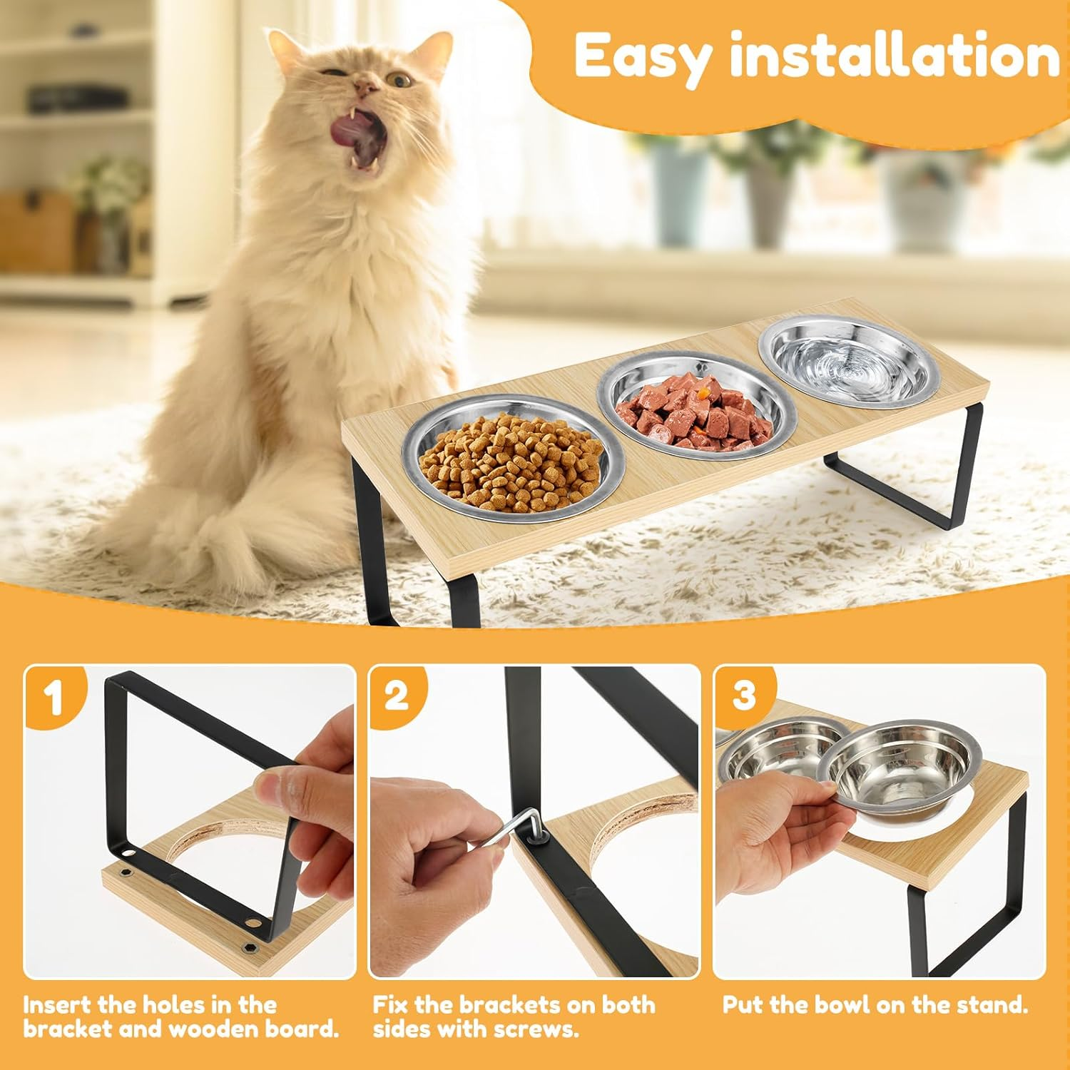 Awobepl Elevated Cat Bowls Wood Cat Bowl Stand 15&deg; Inclined Elevated Cat Food Feeder Easy to Install Raised Feeder Flexible image number 1