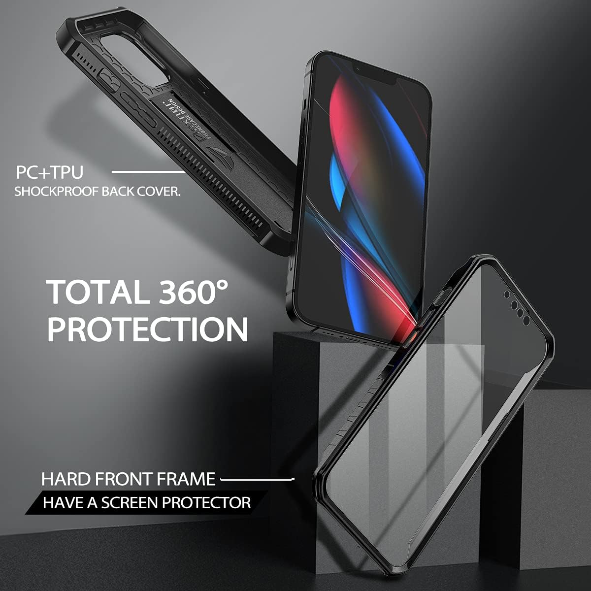 Dexnor for Apple Iphone 13 Pro Max Case, [Built in Screen Protector and Kickstand] Heavy Duty Military Grade Protection Shockproof Protective Cover for Apple Iphone 13 Pro Max - Dark Black