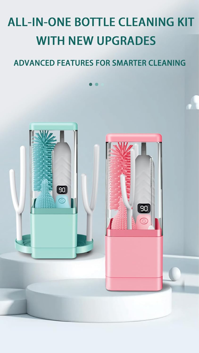 Electric Baby Bottle Brush Cleaner Set,8 in 1 Automatic Baby Bottle Cleaning Kit,Silicone Bottle Brush,Pink - Green image number 2