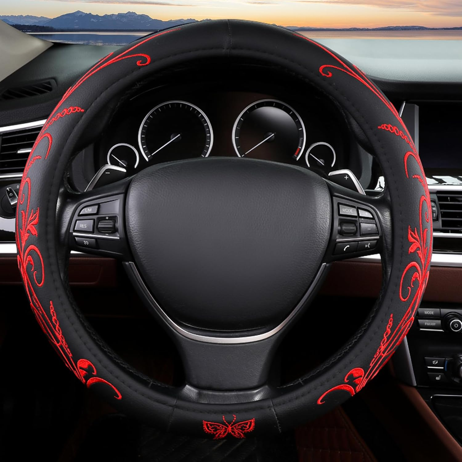 Red Embroidery Butterfly Car Steering Wheel Cover,14.5-15 Inch Universal Leather Covers Breathable Anti-Slip Odorless Steering Wheels Accessories for Men Women
