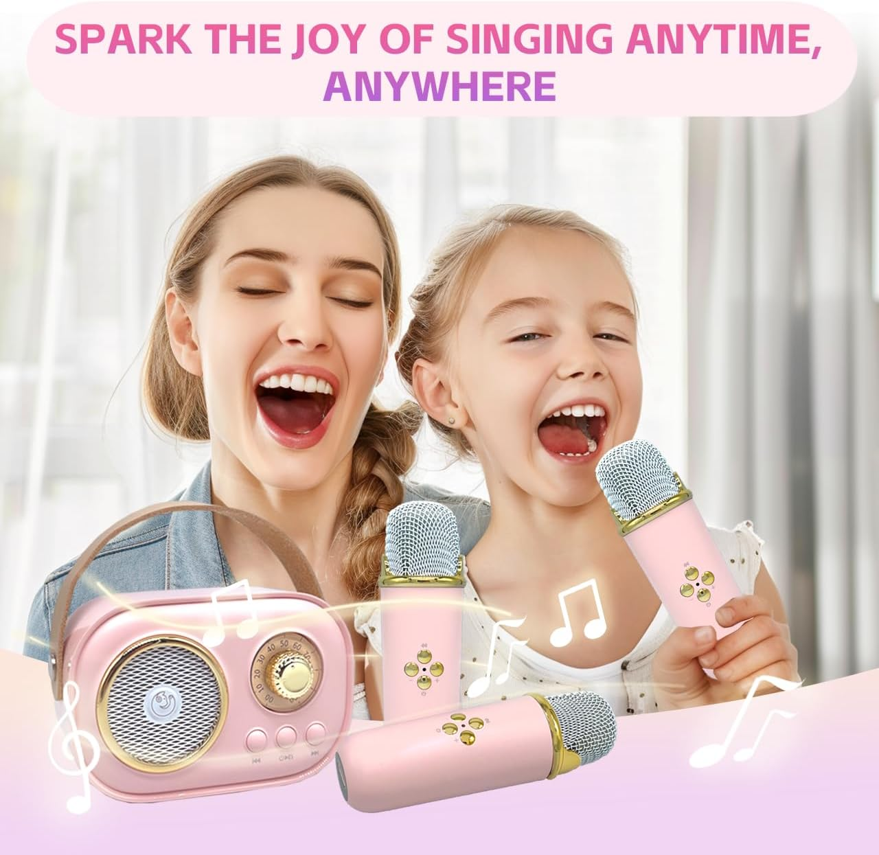 Portable Karaoke Machine for Kids and Adults, Bluetooth Speaker with 2 Wireless Microphones, Fun Gifts for Girls Aged 3-8+ Years, Perfect for Family Parties, Home, Travel, and Birthday image number 1