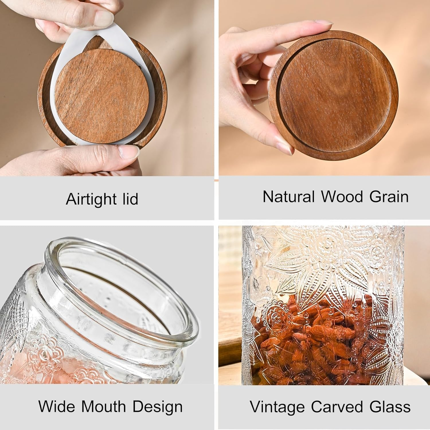 34Oz Vintage Glass Jars with Lids, Airtight Food Storage Containers, Kitchen Canisters for Sugar, Coffee, Tea, Spice, Flour, Candy Cookie, Pasta, Cereal, Cute Decorative Jars image number 4