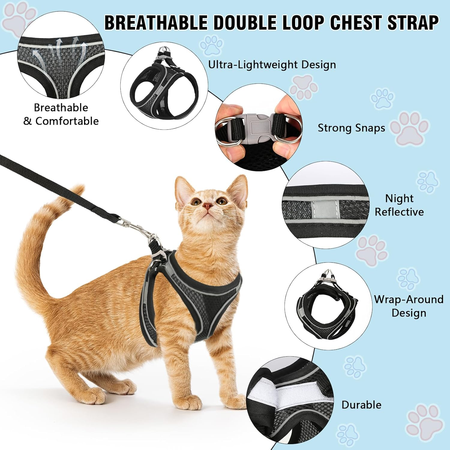 Breathable Cat Harness Set, Dogs Escape Proof Reflective Harness, Durable Adjustable Cat Harness with Lead, Cat Harness Escape Proof for Outdoor Walks (M, Black) image number 5