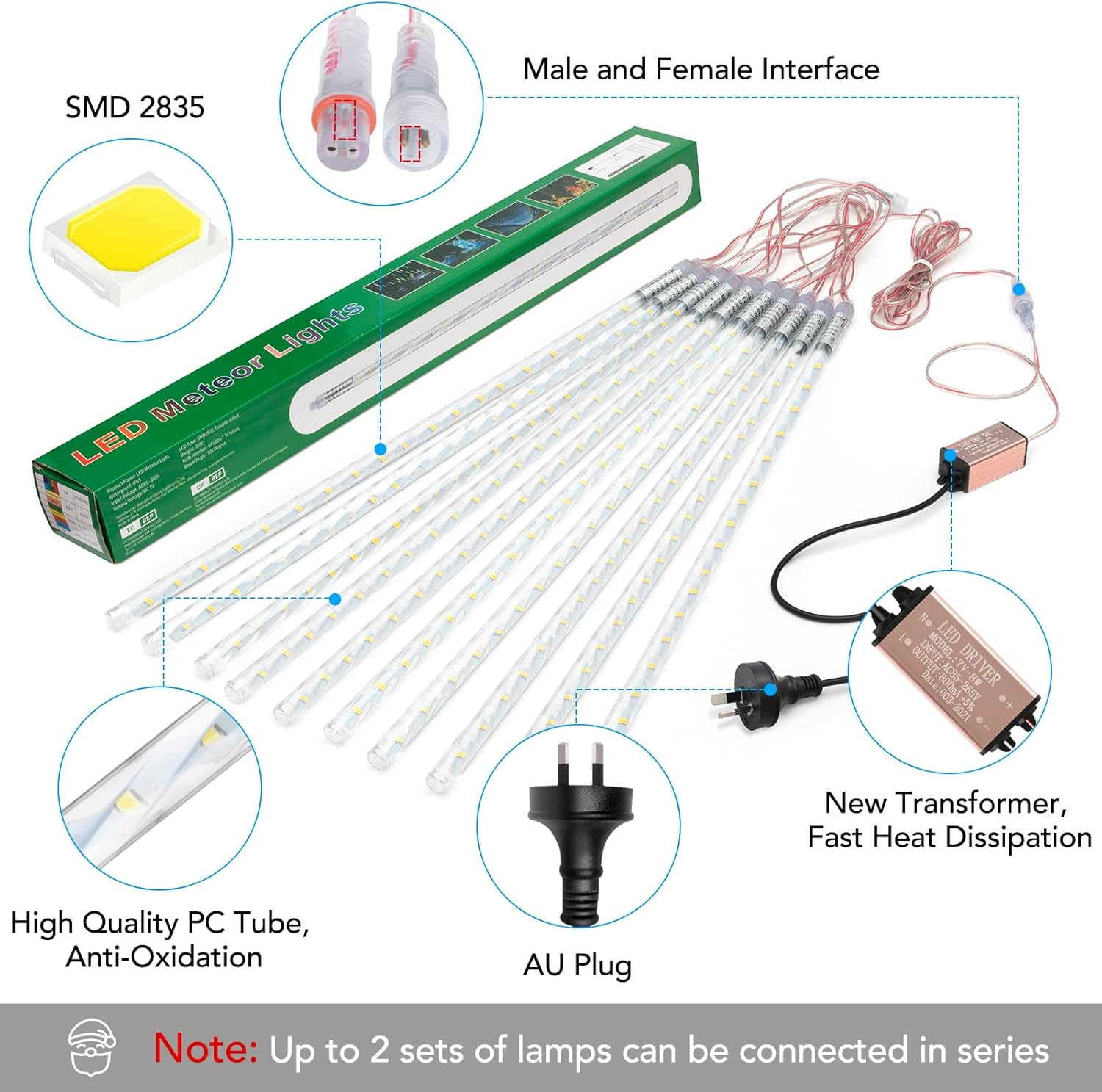 Musclez Christmas Meteor Shower Lights, 50Cm 10 Tubes 480 LED Christmas Lights Outdoor Indoor Decoration, Falling Star Lights for Xmas Trees Holiday Party Wedding Garden Patio Decor (Cool White) image number 5