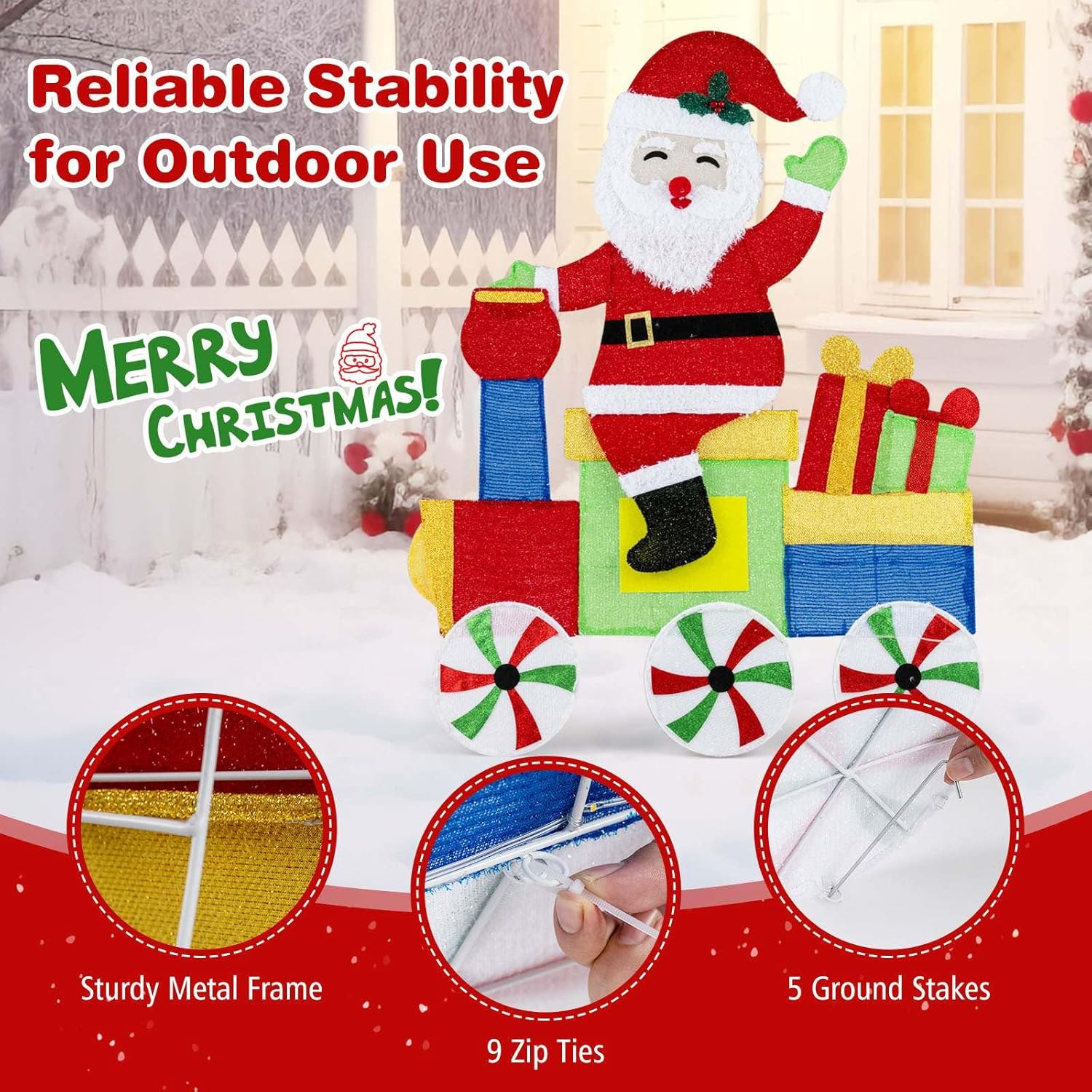 Costway Lighted Santa on Train Christmas Decoration, Indoor Outdoor 2D Santa Claus with LED Lights, Gift Boxes and Ground Stakes, Xmas Holiday Decoration for Home Lawn Yard Garden, Plug In image number 1