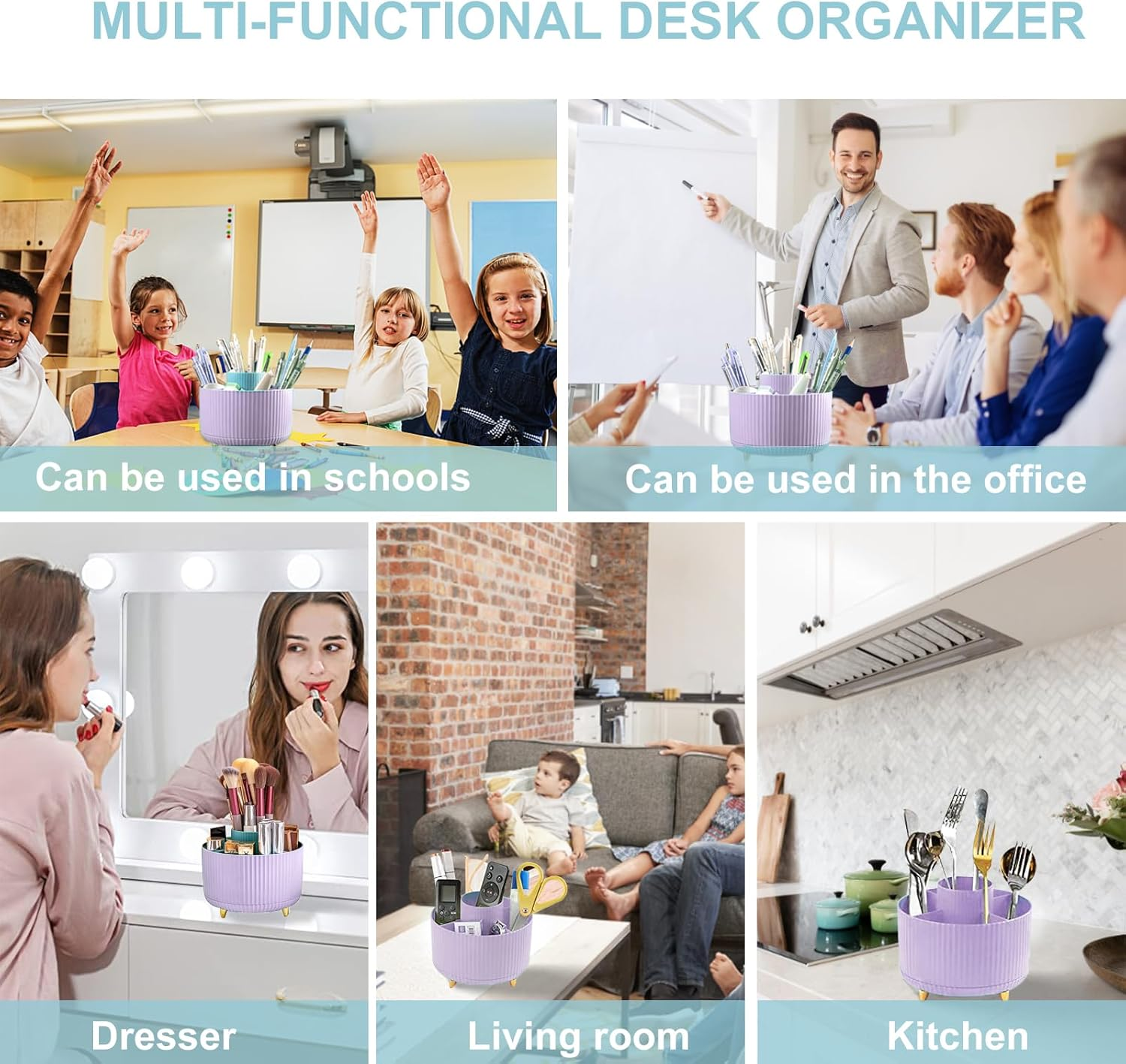 Cayxenful Pencil Holder for Desk,5 Slots 360&deg;Degree Rotating Desk Organizers and Accessories,Desktop Storage Stationery Supplies Organizer, Cute Pencil Cup Pot for Office, School, Home (Purple) - Green image number 5