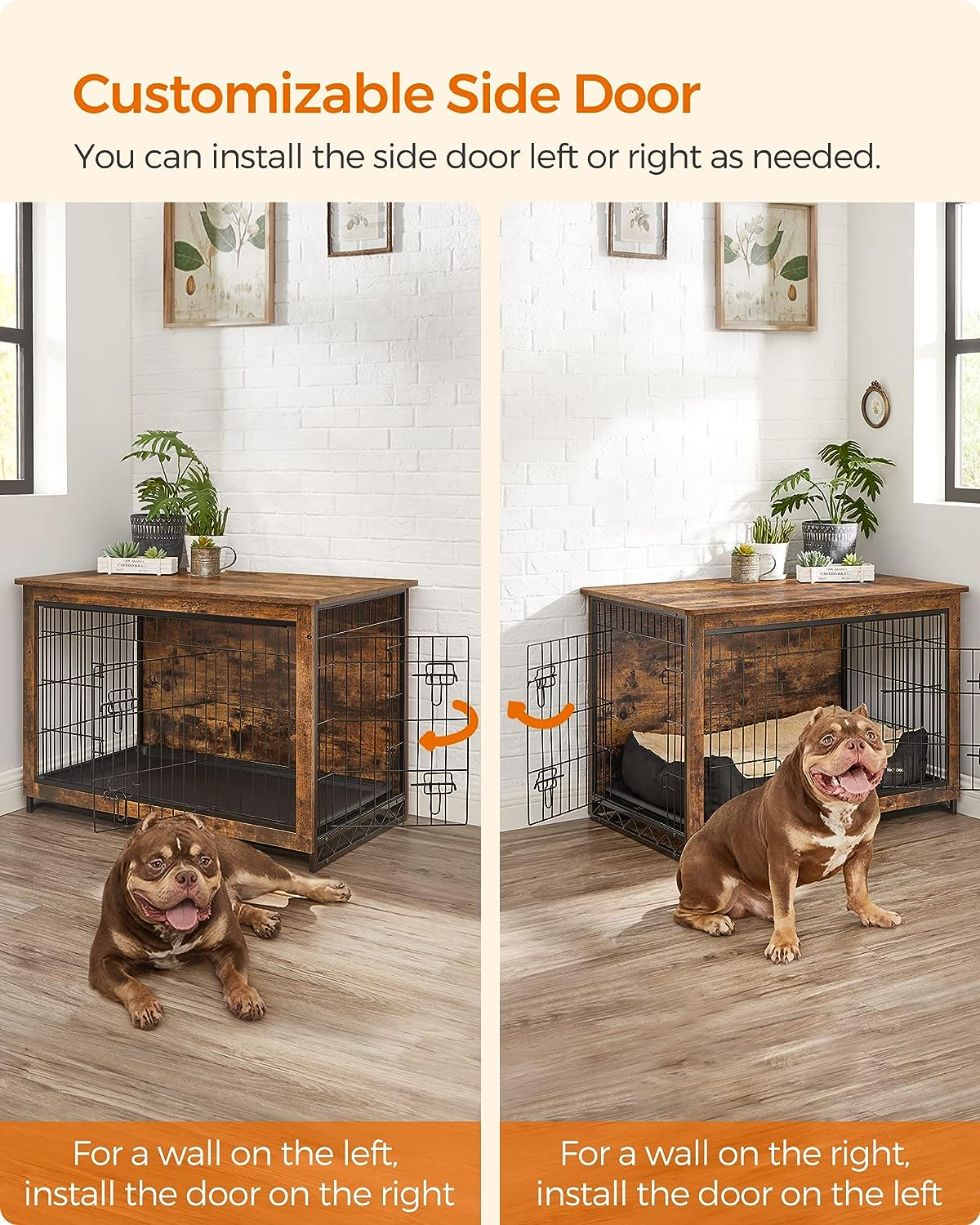 Feandrea Dog Crate Furniture, 98 Cm Side End Table, Modern Kennel for Dogs Indoor up to 32 Kg, Heavy-Duty Dog Cage with Multi-Purpose Removable Tray, Double-Door Dog House, Rustic Brown PFC003X01