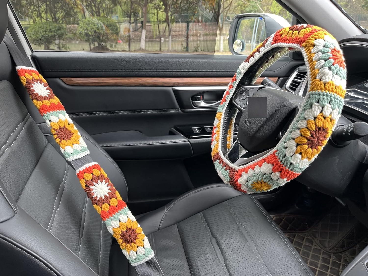 Steering Wheel Cover,Handmade Crochet Rainbow Sunflower Granny Square Steering Wheel Covers (Wheel Covers+2Belt Covers+2Car Coasters+Strawberry)