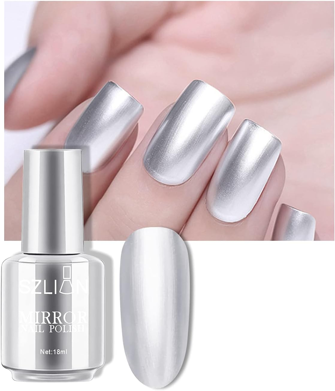 KYDA 18Ml Gold Mirror Nail Polish, Bright Glossy Mirror Polish for Nails Art, Longlasting Shine Metallic Effect Nails Art, Gorgeous Reflective Manicure Nail Lacquers-Silver, 0.61 Fl Oz