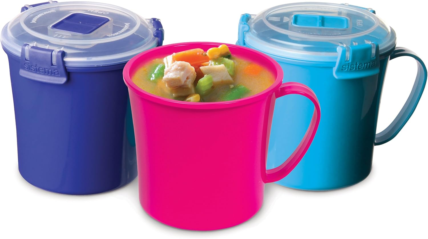 Sistema 3-Pack Assorted Colours Soup Mugs to Go, Plastic, 656Ml, Modern, Reusable, Microwave Safe, Round, 3 Count image number 2