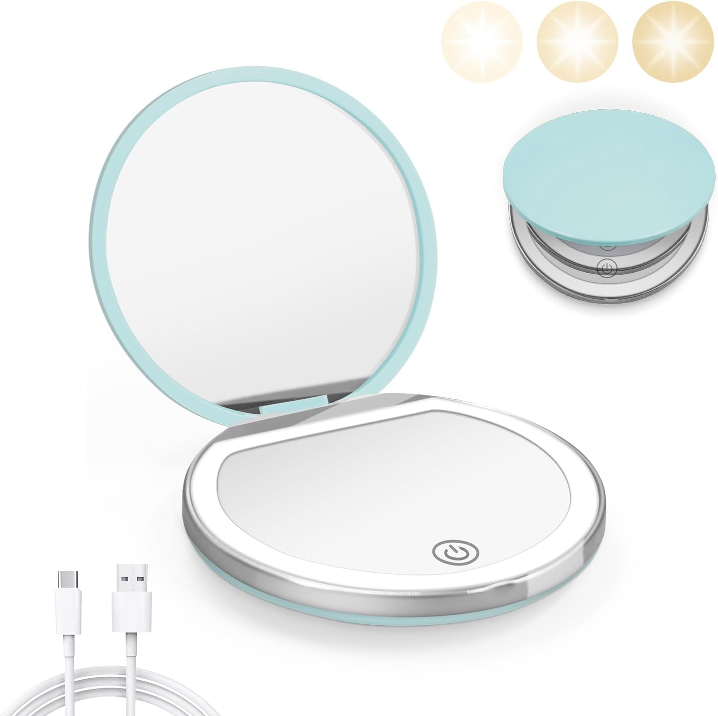 Compact Mirror with Light, 1X/3X Magnification LED Pocket Mirror with USB Data Cable, White Mini Mirror for Purse, Pocket,Travel and Present
