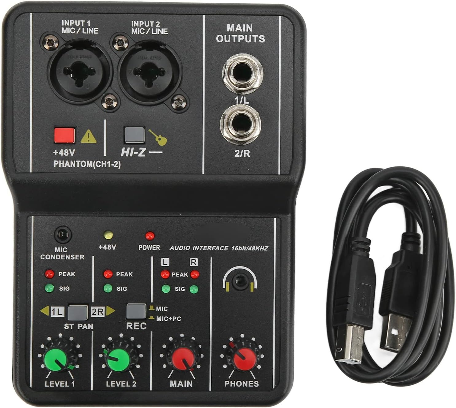 2 Channelsmixer, Sound Card USB 48V Phantom Power Compact Sound Mixing Console, USB Soundcard for PC Recording for Music Recording Home Karaoke Internet Karaoke image number 6