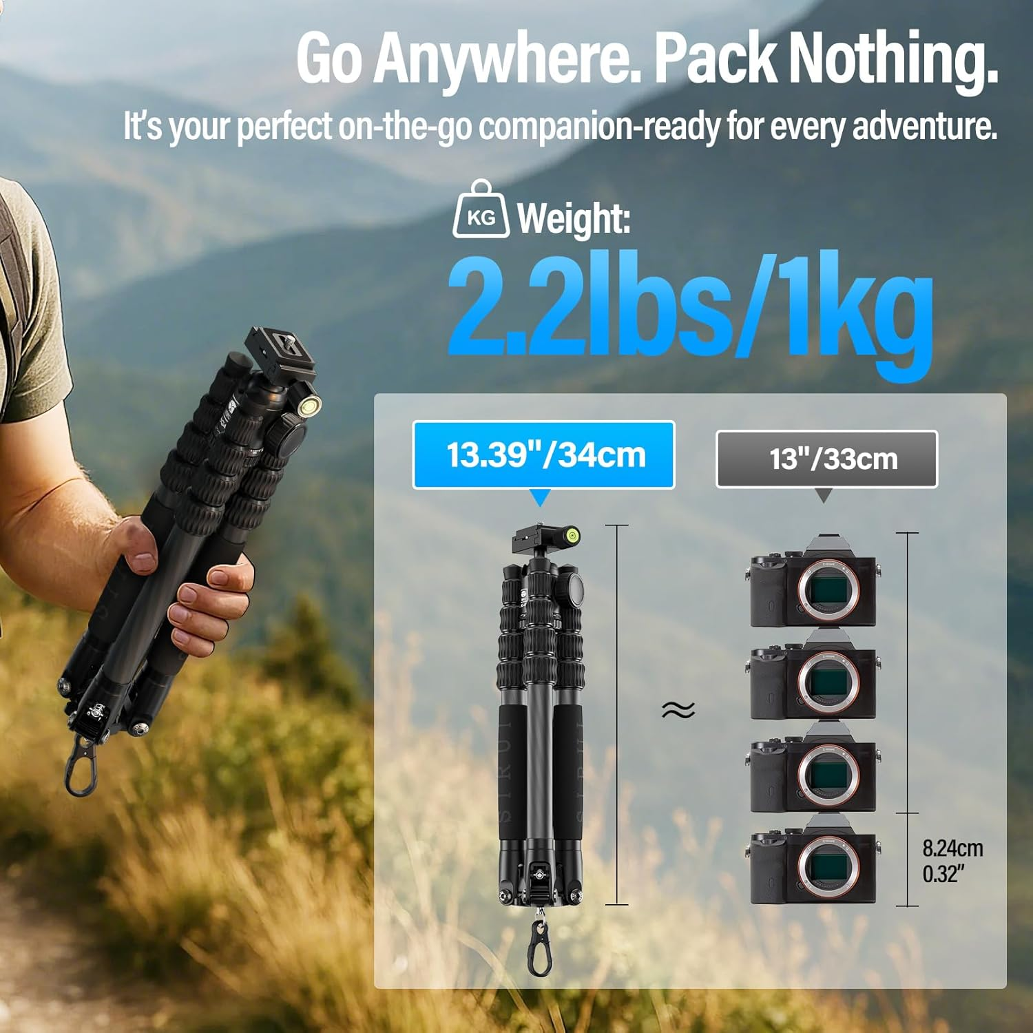 SIRUI Lightweight Carbon Fiber Travel Tripod, 6Kg Load Capacity Compact Camera Support with Carry Bag, Portable for DSLR Mirrorless Cameras, Max Height 54" for Hiking Vacation Vlogging image number 1