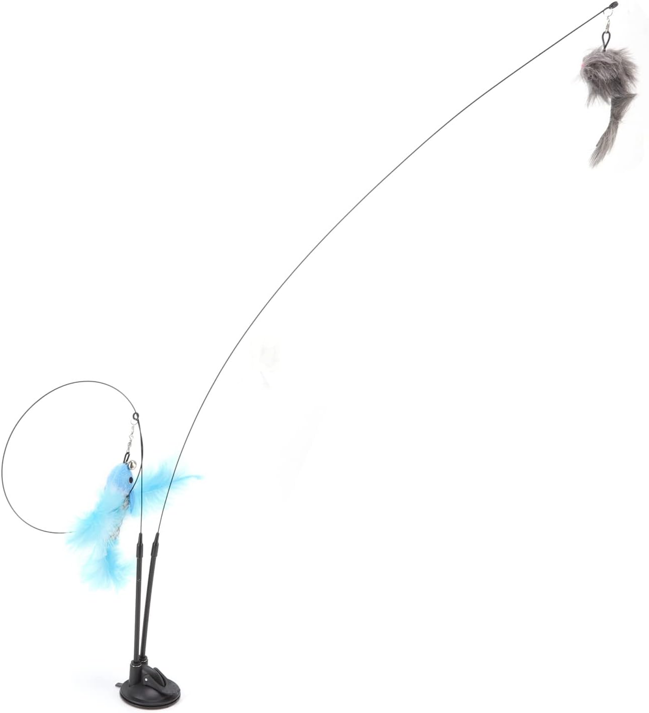 Cat Teaser Stick Toy, Powerful Base Flexible Boredom Relief Double Ended Suction Cat Feather Wand Interactive Toy Indoor Removable Steel Wire (Blue Flying Fish and Gray Mouse) image number 2