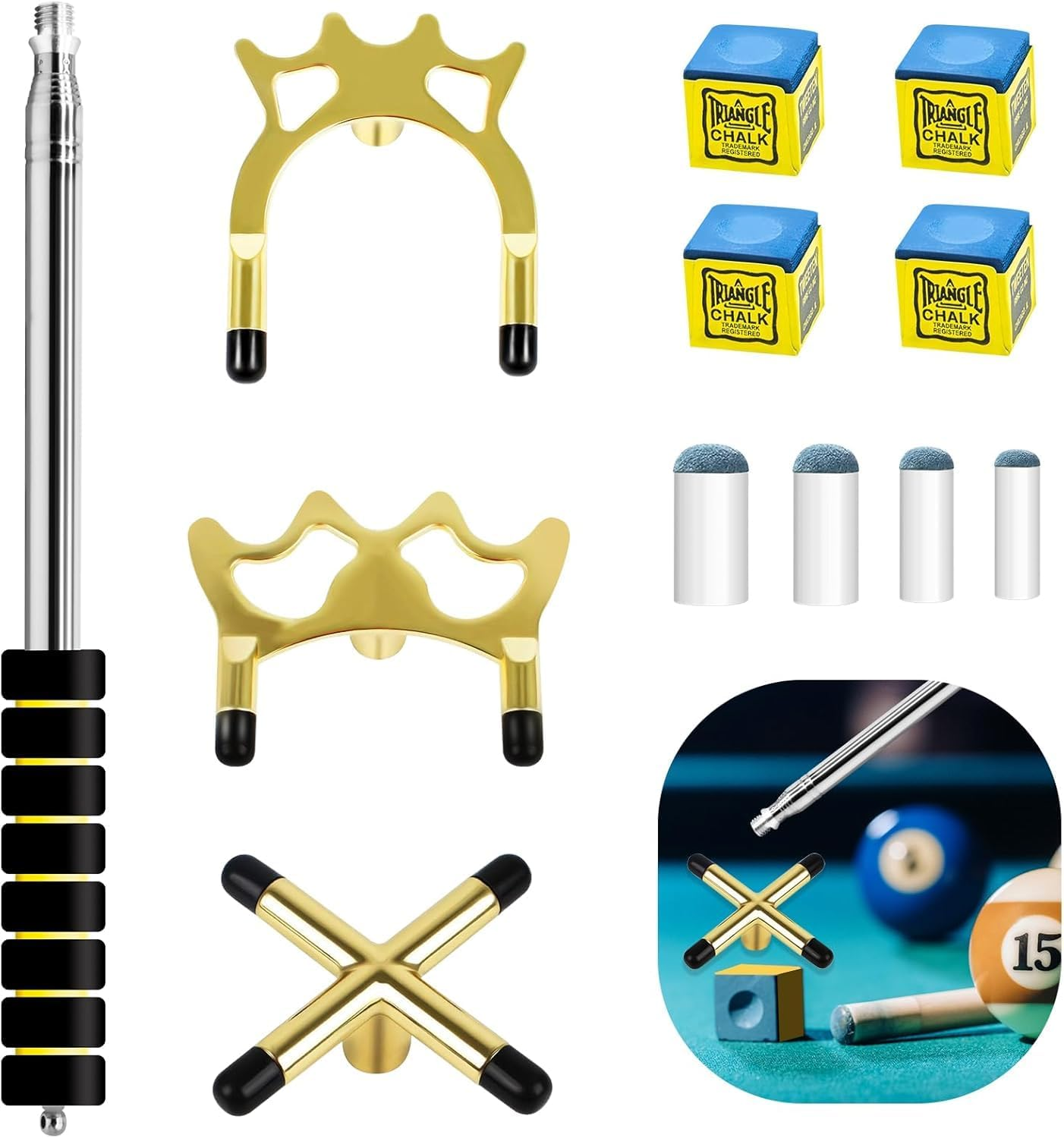 Paifeancodill Retractable Pool Bridge Cue Stick with 3 Removable Bridge Head,4 Pool Cue Tips,4 Pool Cue Chalk Cubes,Billiards Cue Stick Bridge,Replacement Head for Pool,Billiards Accessory for Table