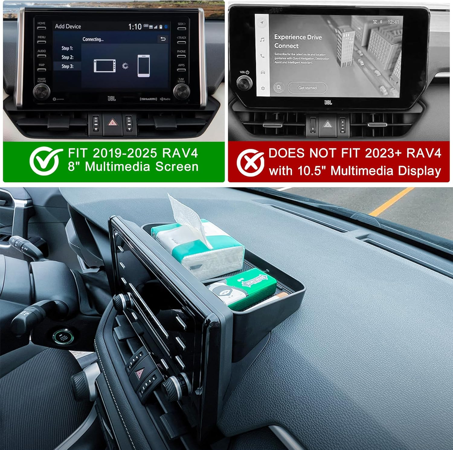 Car Dash Center Console Tray Compatible with 2019-2025 Toyota Rav4 8'' Screen, Dashboard Storage Organizer Tissue Sunglasses Holder for Phones, Keys & More, ABS Dash Storage Tray with Non-Slip Liners image number 1