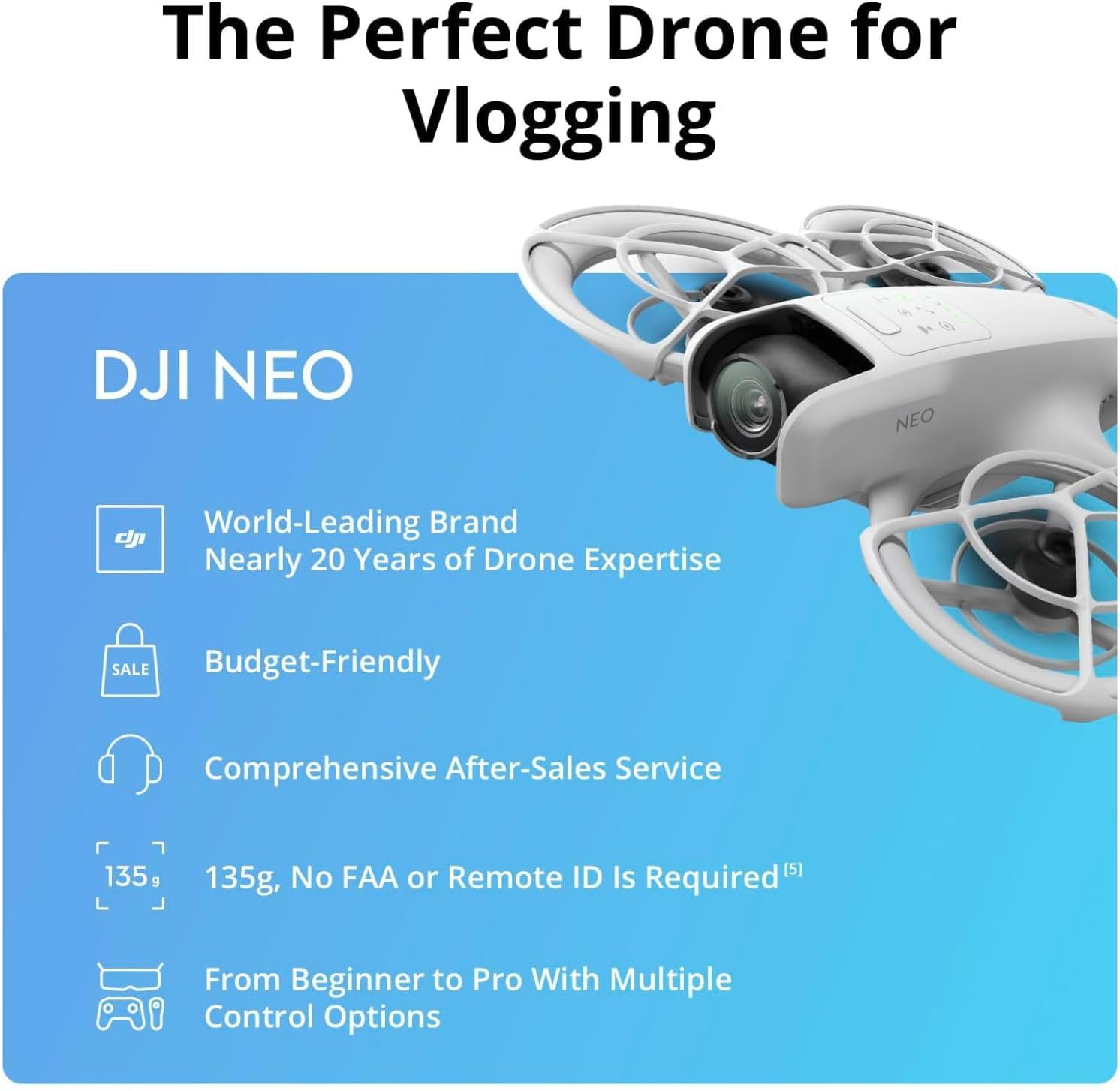 DJI Neo, Mini Drone with 4K UHD Camera for Adults, 135G Self Flying Drone That Follows You, Palm Takeoff, Subject Tracking, Quickshots, Stabilized Video, Built-In Propeller Guard (Controller-Free)