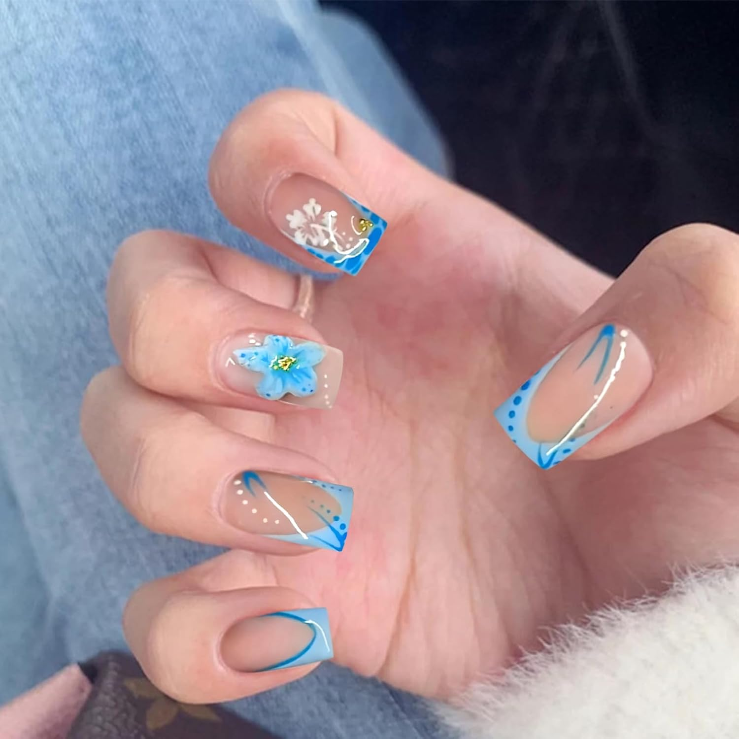 Yamobi Pack of 24 Artificial Blue Flower Nails - Short Square for Women with French Tip and Gold Rhinestone Design for Spring and Summer image number 1