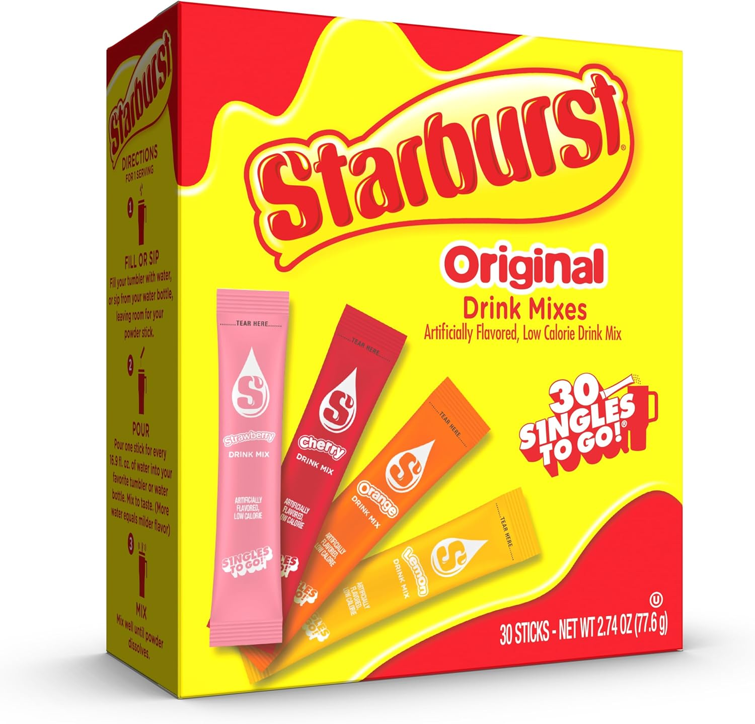 Starburst Singles to Go Variety Pack, Watertok Powdered Drink Mix, Includes 4 Flavors, Strawberry, Cherry, Orange and Lemon 1 Box (30 Servings) image number 2