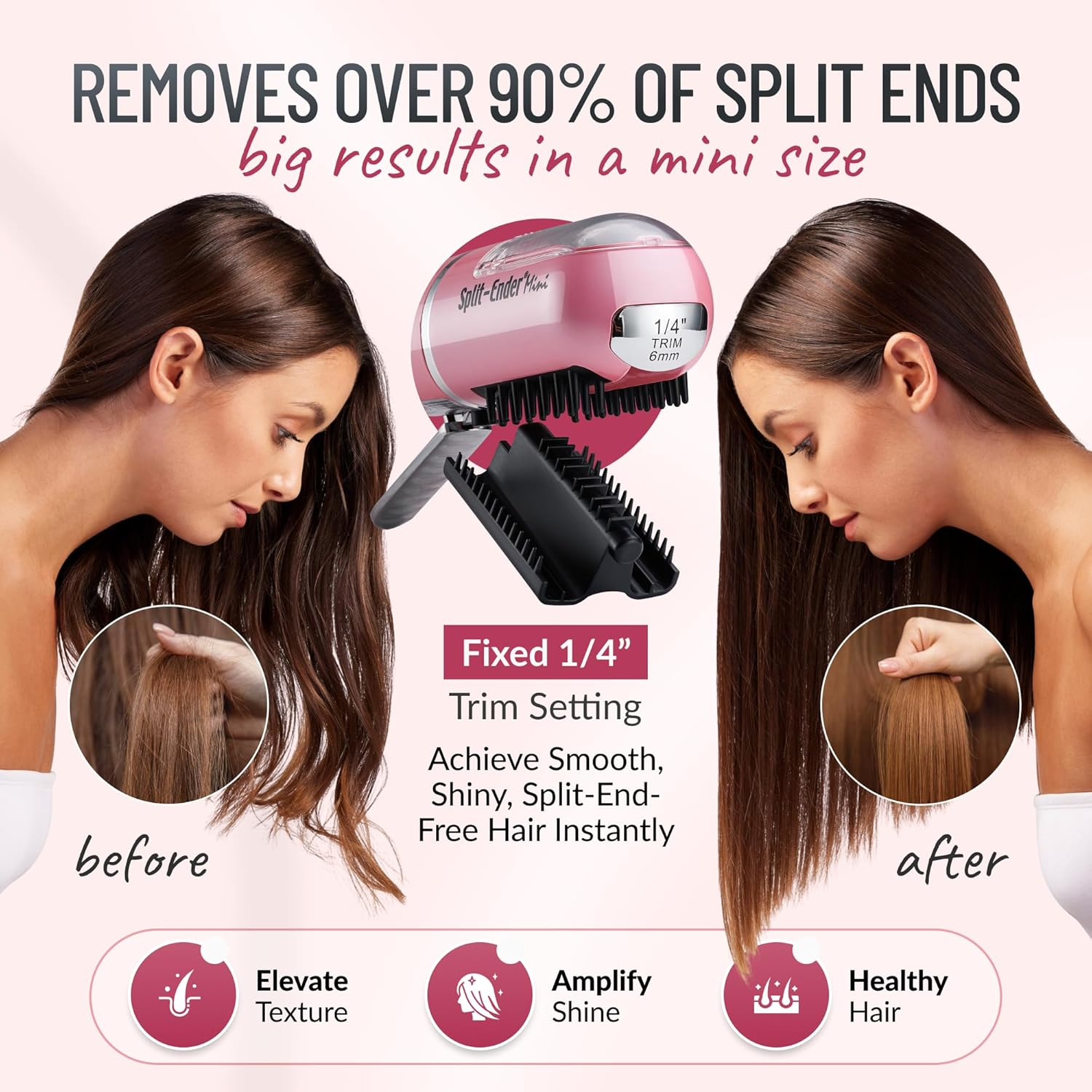 Split Ender Mini &ndash; Original Cordless Split End Hair Trimmer for Dry, Damaged, Brittle, Curly, Frizzy, or Straight Hair &ndash; Battery Operated Home Styling Tool for Split Ends (Battery-Powered, Light Pink) image number 3