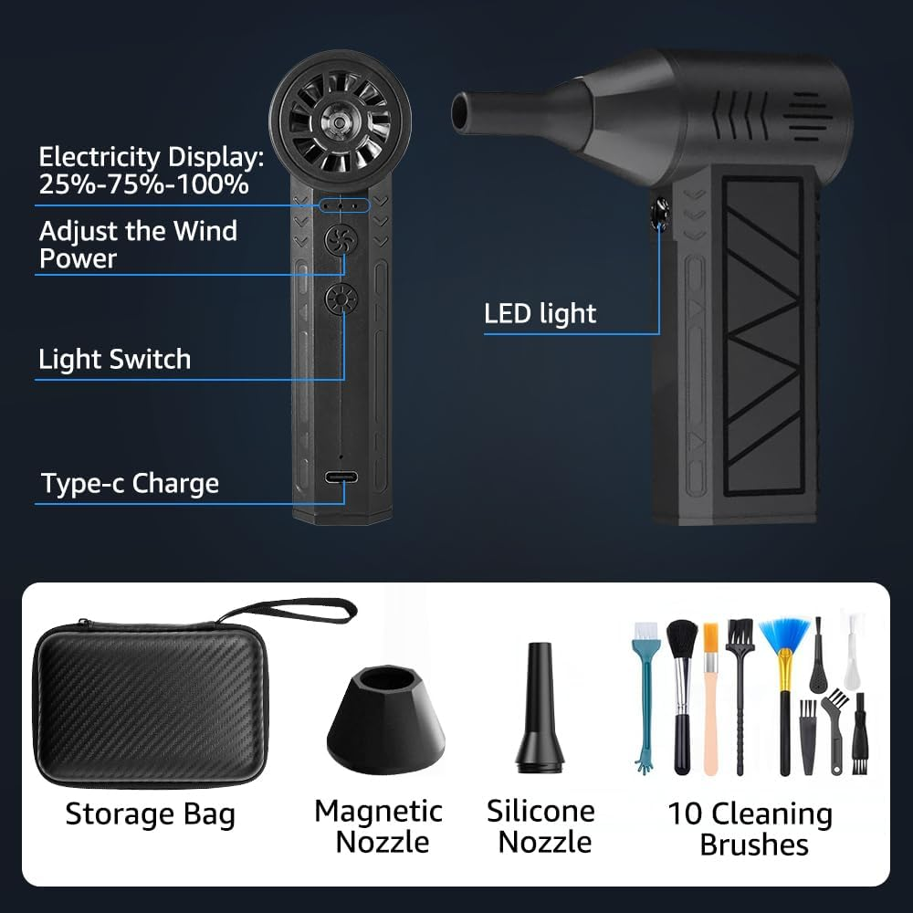 AUTOWT Electric Air Duster, 130000RPM Portable Rechargeable Cordless Air Blower with LED Light and 2 Nozzles, 4-Speed Adjustable, for Computers Car Keyboard Electronics Cleaning image number 4