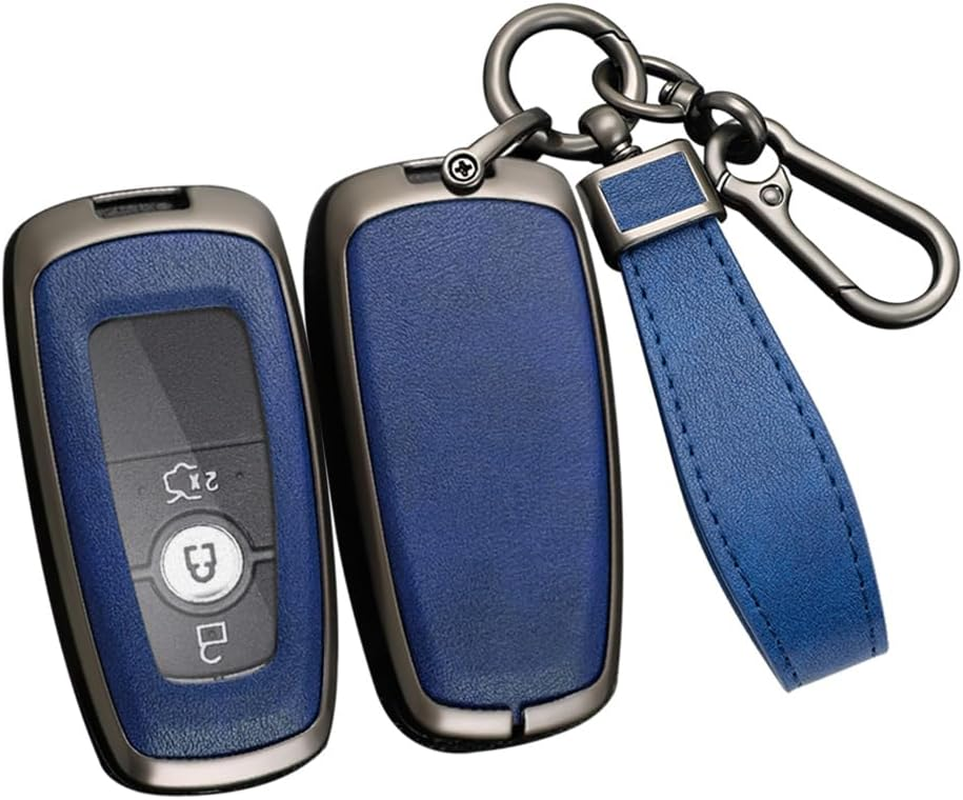 Ontto Alloy Car Key Fob Cover Fit for Ford Fusion Mustang Explorer F150 F250 F350 Ecosport Edge S-MAX Ranger Mondeo Remote Leather Key Case Shell Key Holder Keyring Keychain Accessories Black-Brown