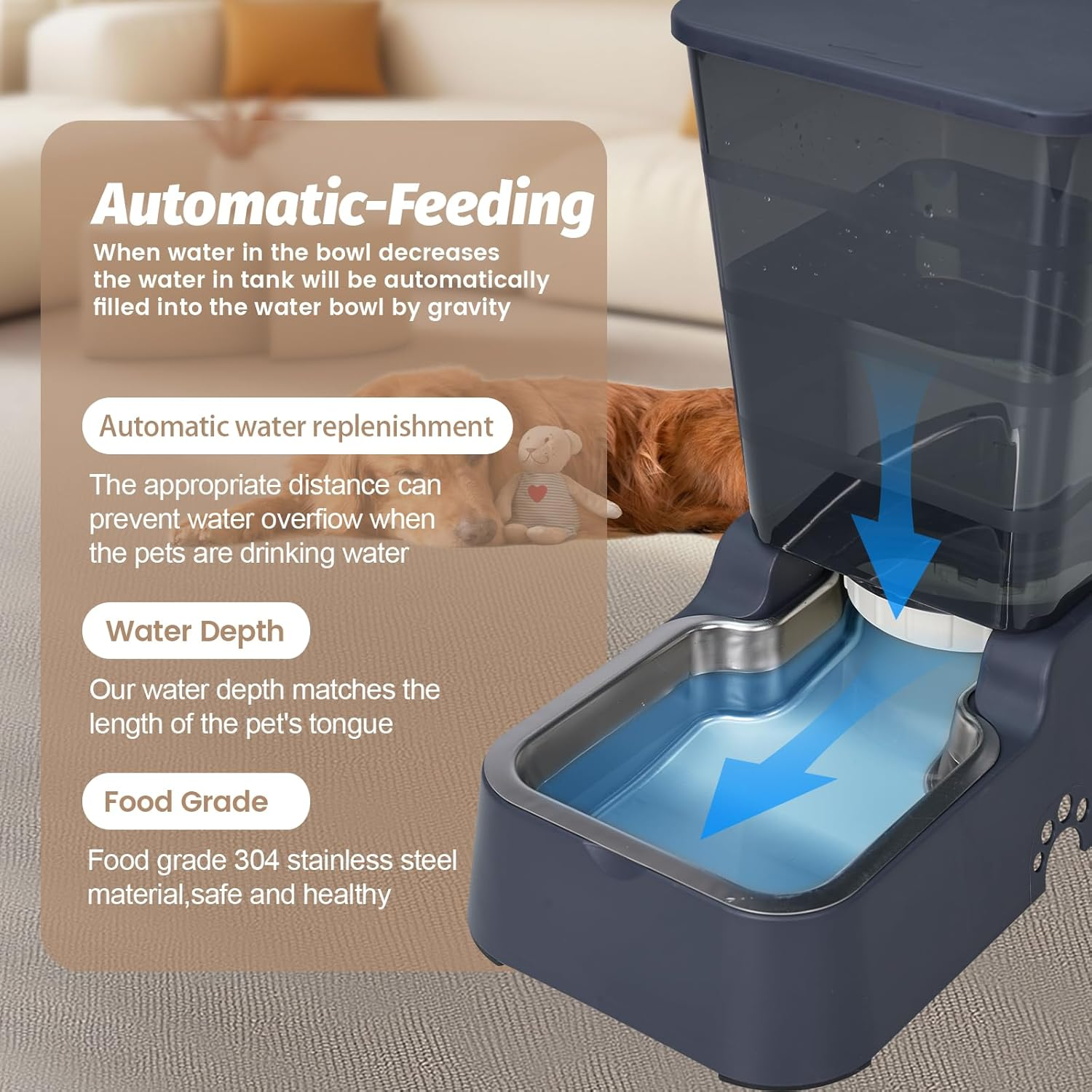 Automatic Dog Cat Feeder and Water Dispenser with 304 Stainless Steel Bowl, Suitable for Medium and Large Dogs and Cats, Large Capacity 5.3L, 2 Pack (Black Set) - Black Set image number 4