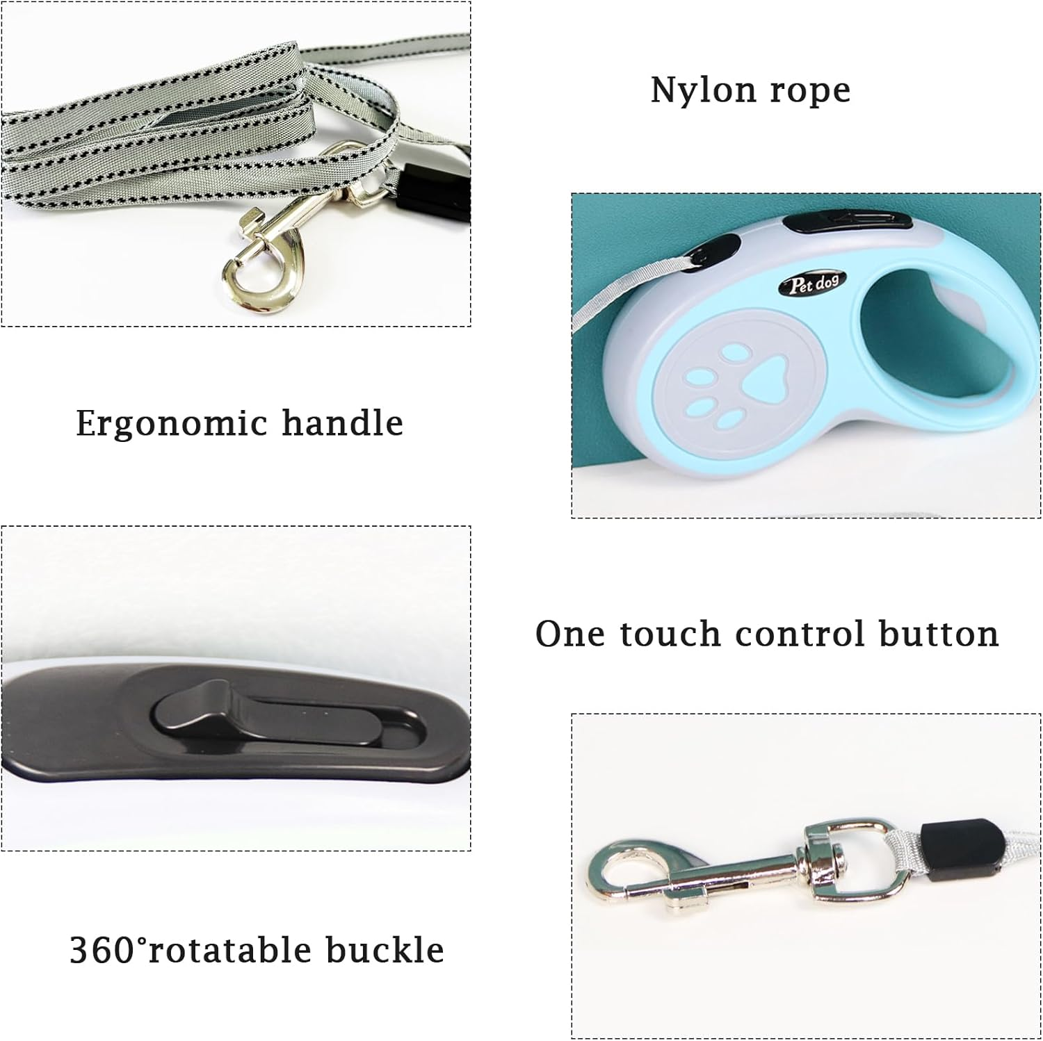 Retractable Dog Lead, 5M/16FT Extendable Dog Training Lead with Strong Nylon Tape, Tangle-Free One-Handed Brake&Pause, Lock for Small Medium Dogs (Blue)