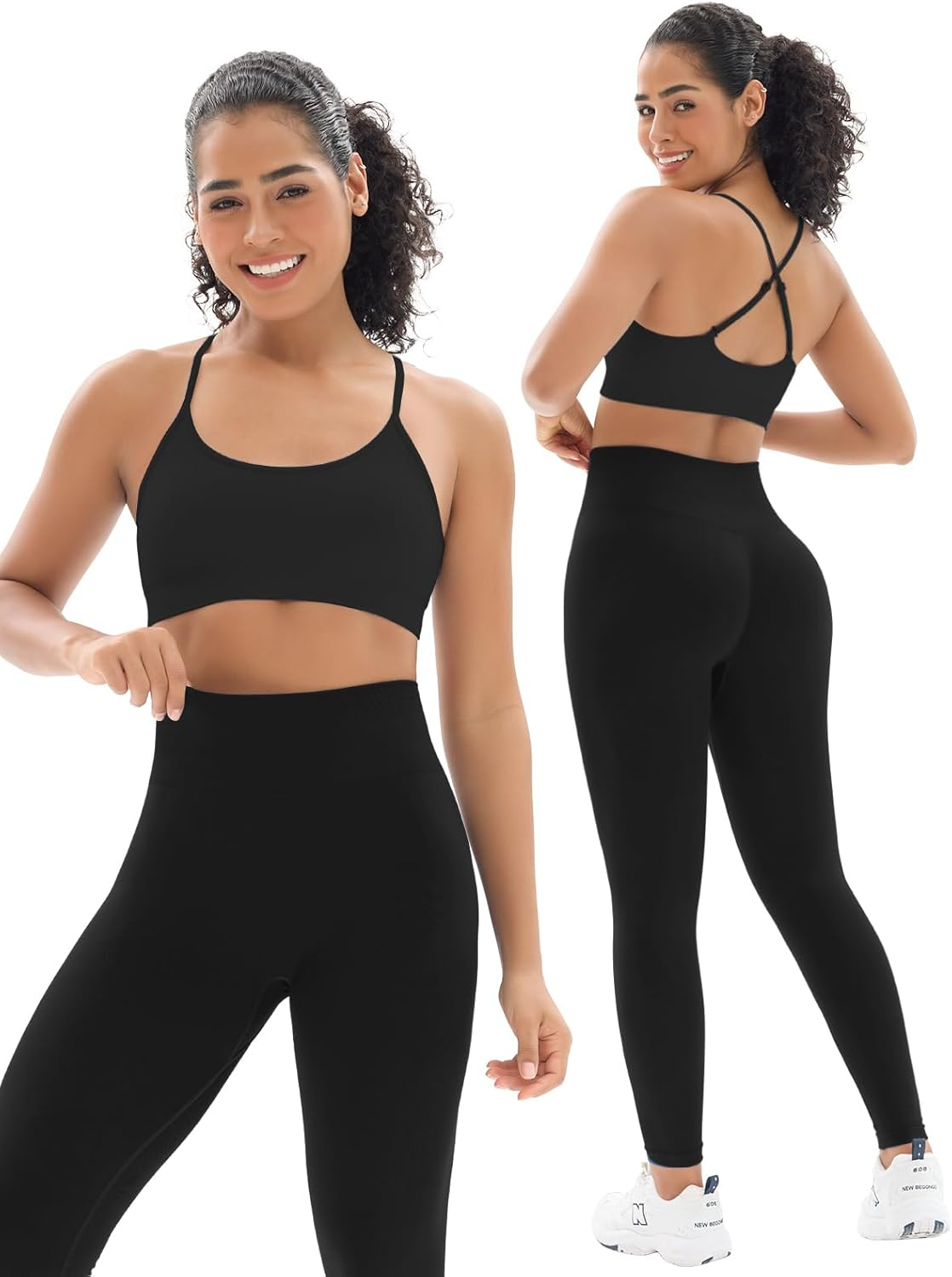 Seamless Workout Sets for Women 2 Piece Adjustable Strappy Sports Bra with High Waisted Butt Lifting Leggings Gym Sets