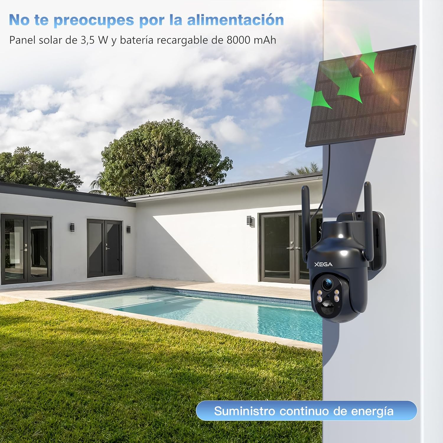 Xega Wifi Solar Security Camera 2 Pack, HD PTZ Wireless Outdoor Camera Surveillance Rechargeable Battery with Solar Panel, IR Night Vision, 2-Way Audio, PIR Motion Detection, IP66 Waterproof, 2.4Ghz image number 5