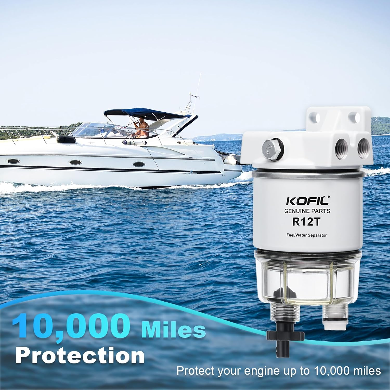 R12T Fuel Water Separator Marine Fuel Filter/Water Separator Assembly, for Outboard Motor Marine Engine, Replaces# S3240 120AT with 2 3/8" Barb &times; 1/4" NPT Male Fittings 2 Plugs,10 Micron - R12T Assembly With 2 Elements image number 2