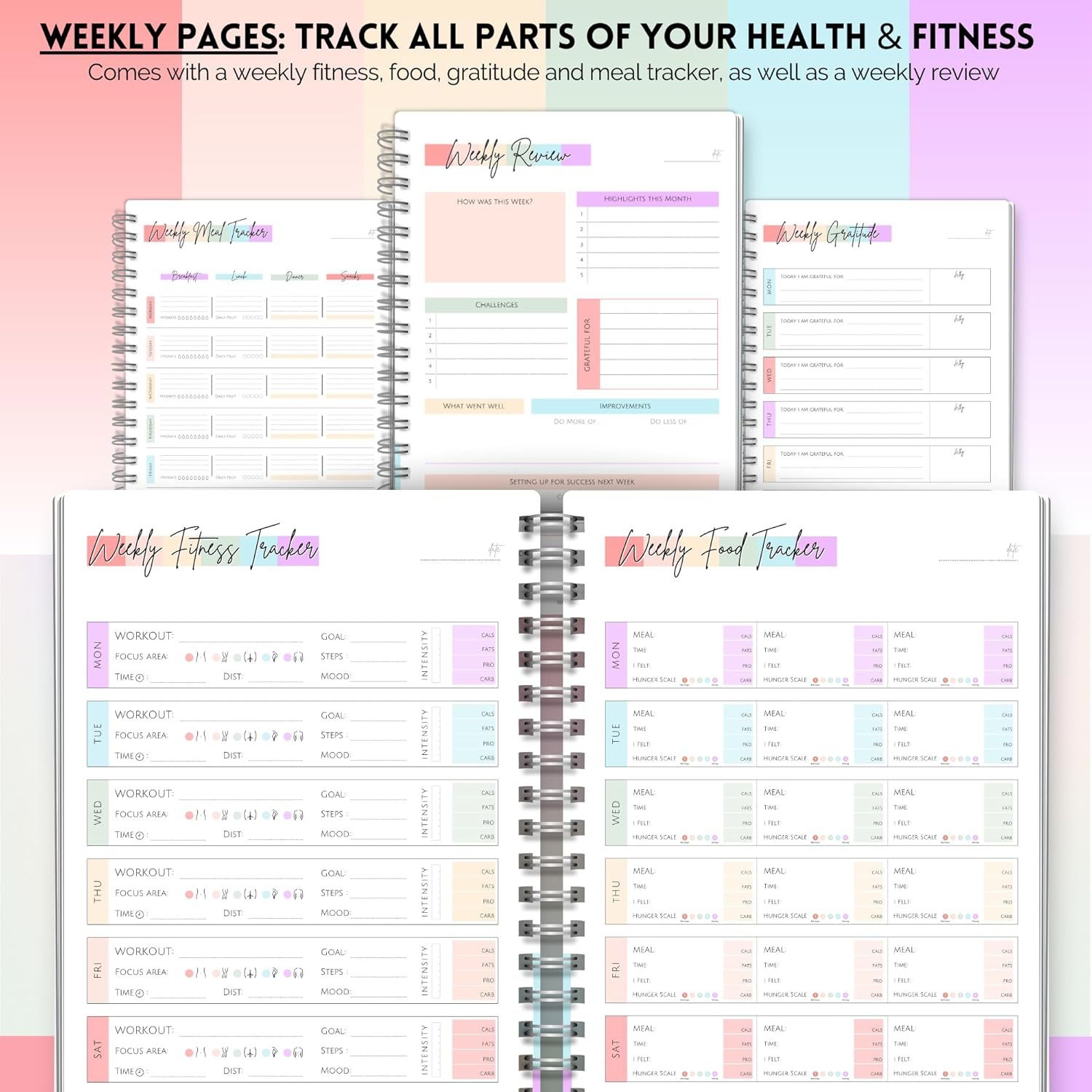 Templatables Wellness Journal - 90 Day Health, Fitness, Gratitude, Mindfullness, Wellbeing, Habit, Goals, Diet & Food Tracker - A5 Pastel Rainbow, (TPWPPR) image number 4
