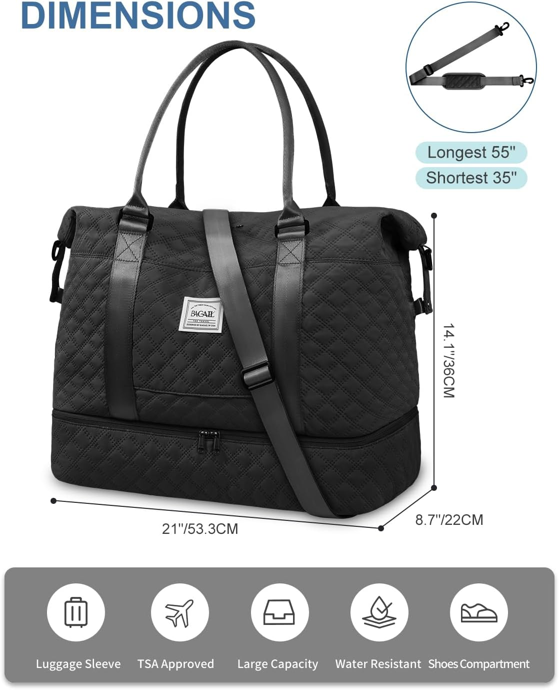BAGAIL Travel Duffel Bag, Weekender Bags for Women, Overnight Gym Carry on Tote Bag with Wet Pocket, Hospital Mom Bag for Labor and Delivery - Extra Large, Grid-Black image number 3